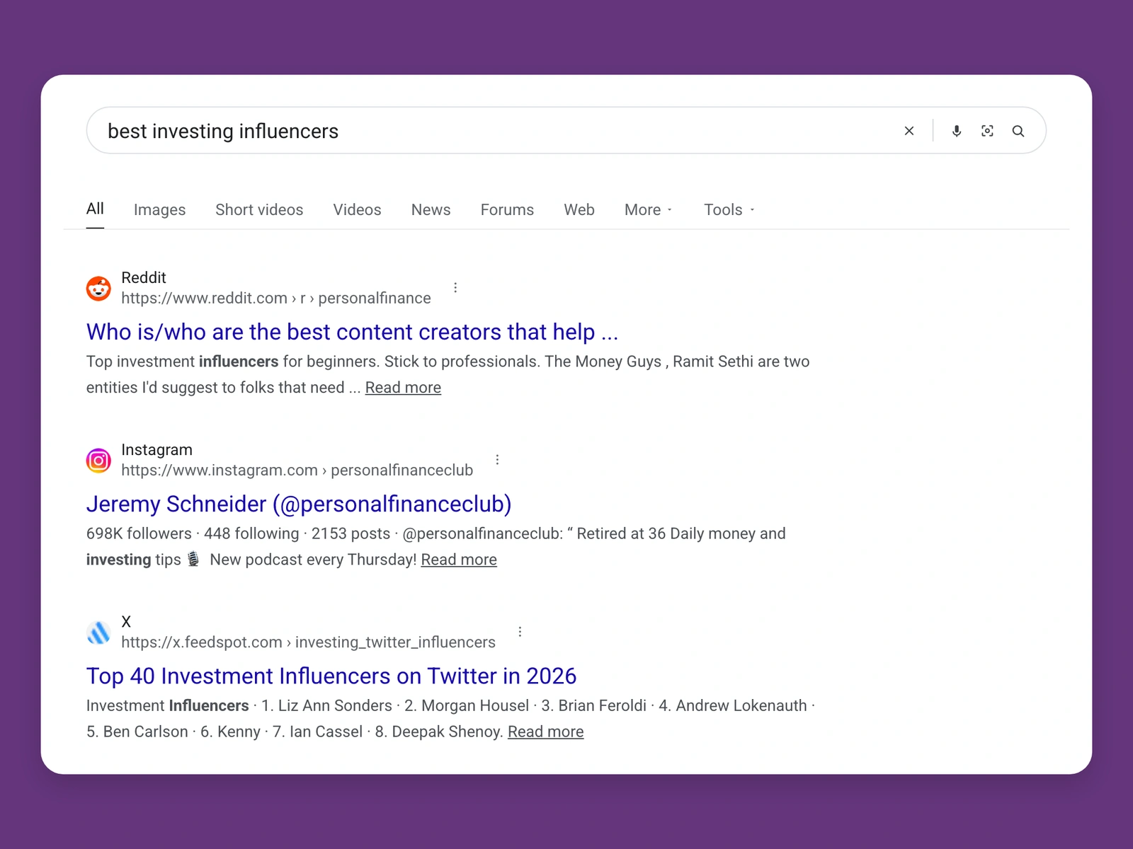 Google results for best investing bloggers