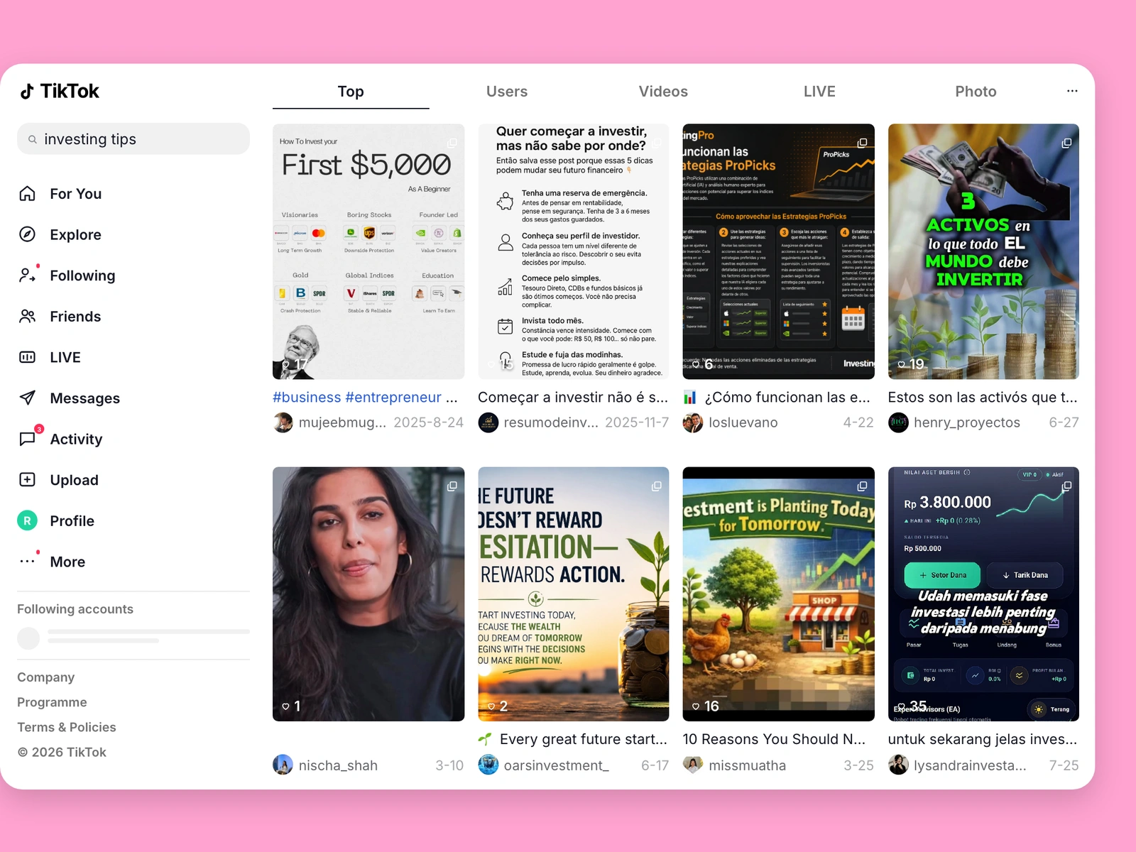 TikTok search results for investing content