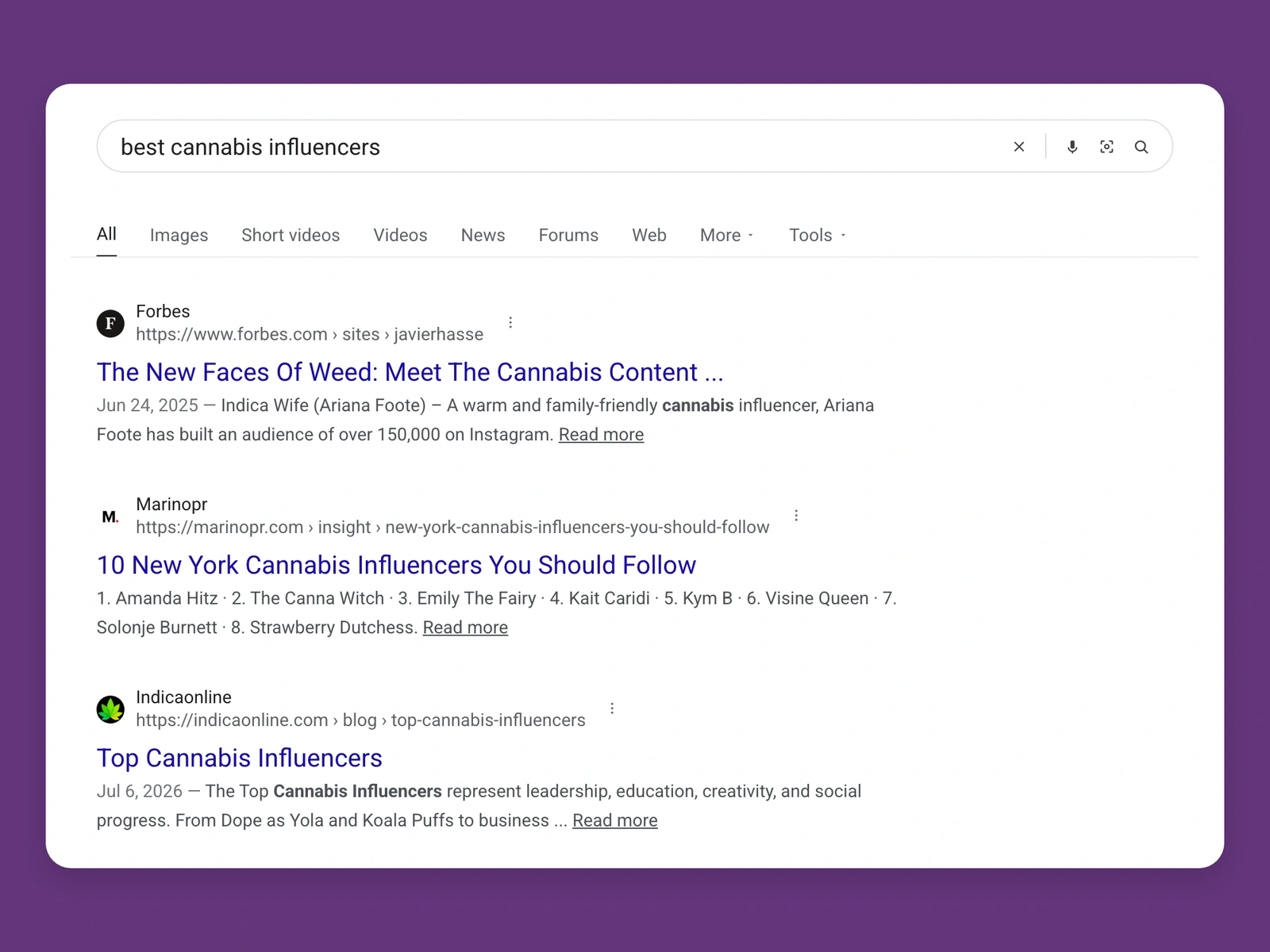 Google results for best cannabis bloggers