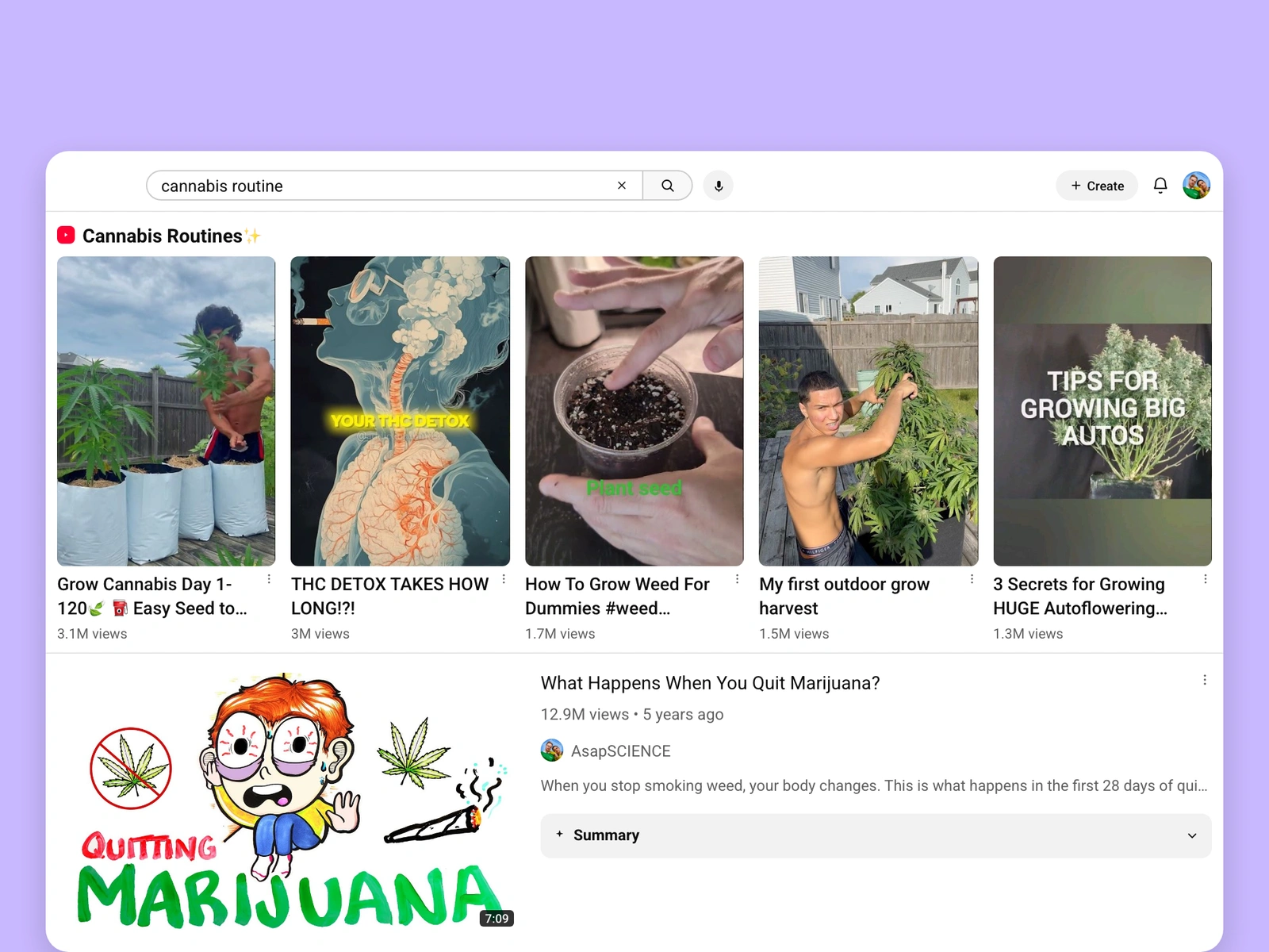YouTube search results for cannabis videos