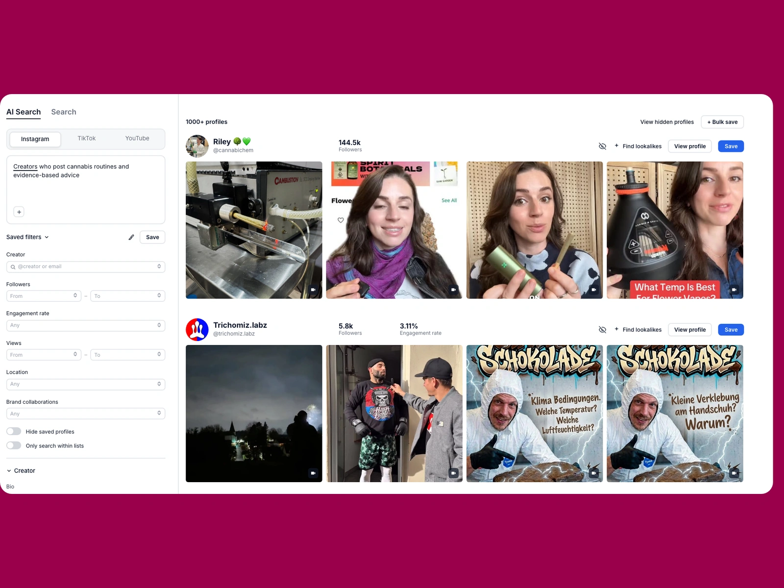 Modash AI search for cannabis creators