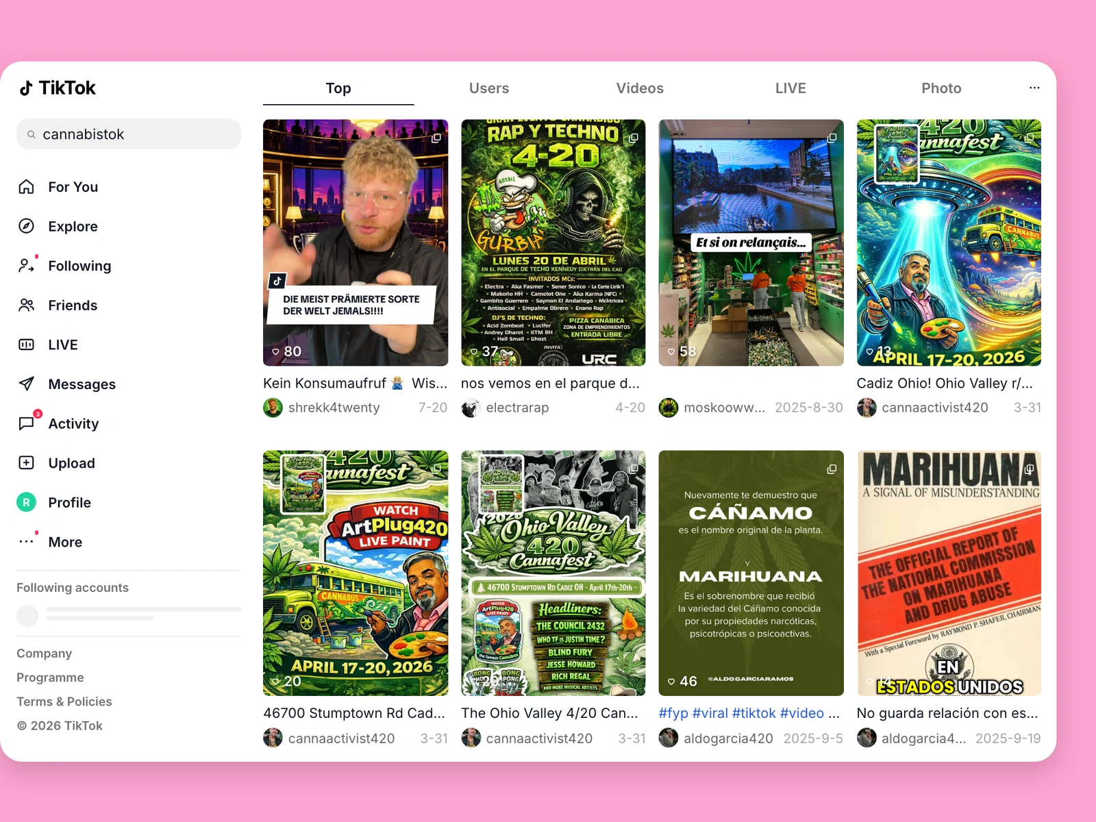 TikTok search results for cannabis content