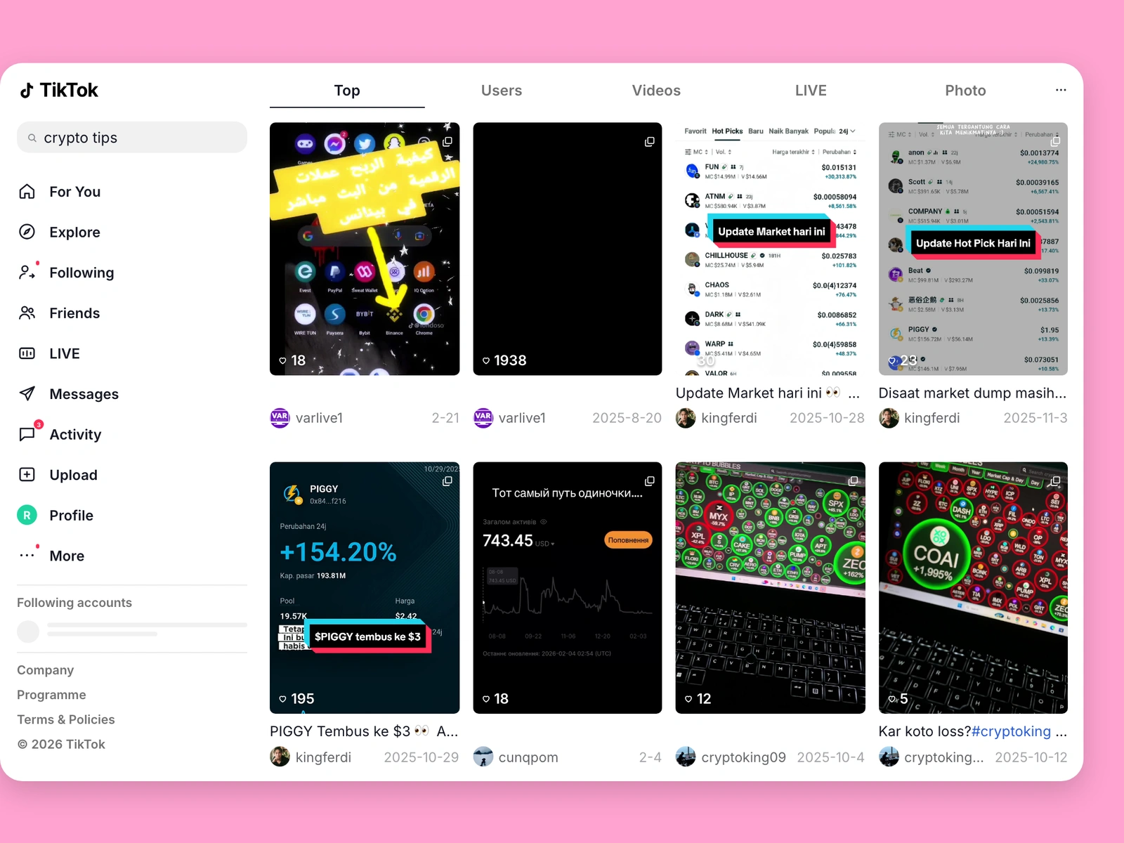 TikTok search results for crypto content