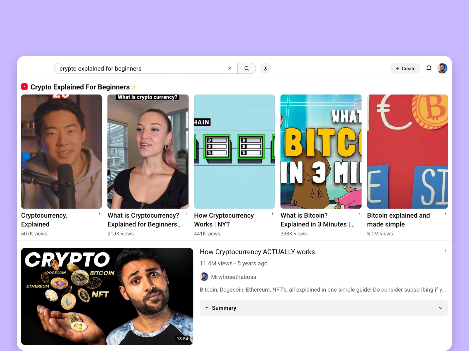 YouTube search results for crypto videos