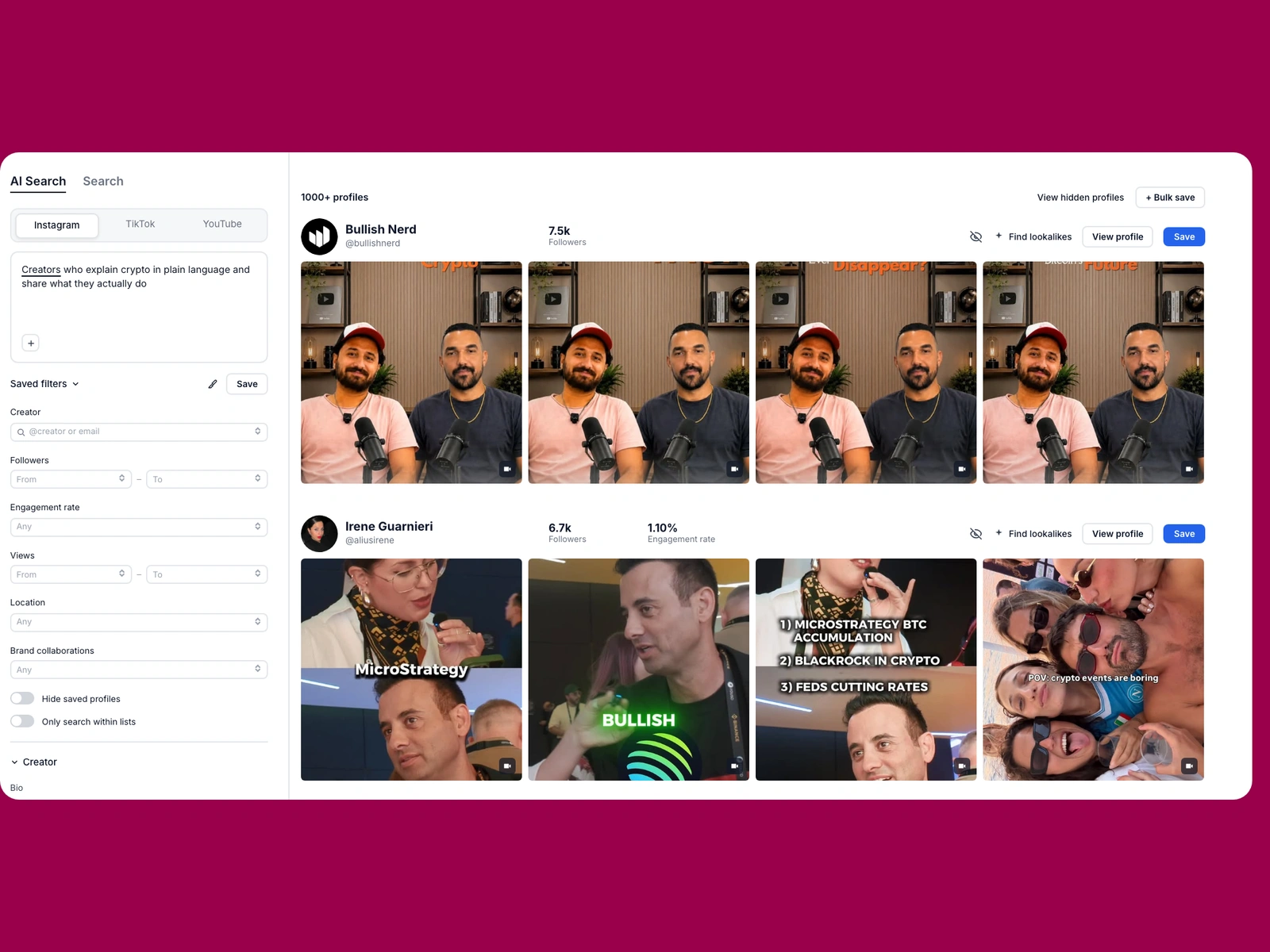 Modash AI search for crypto creators