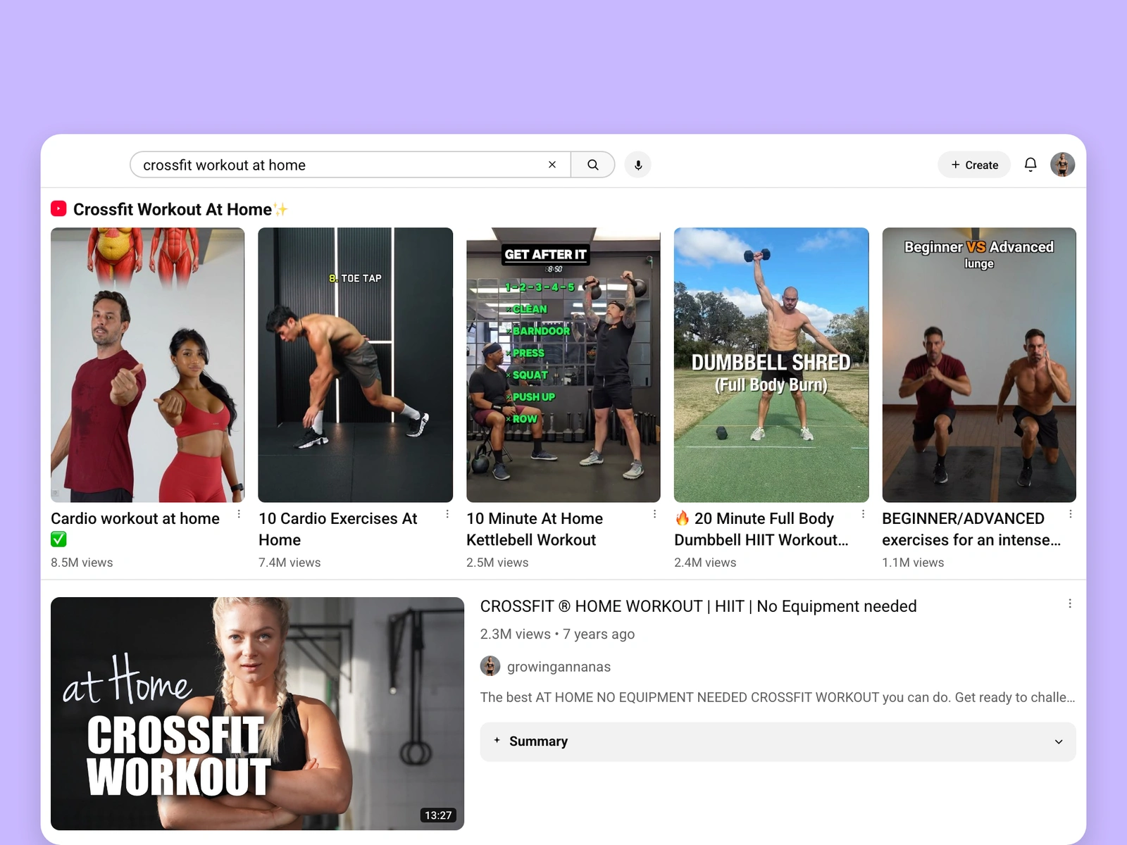 YouTube search results for crossfit videos
