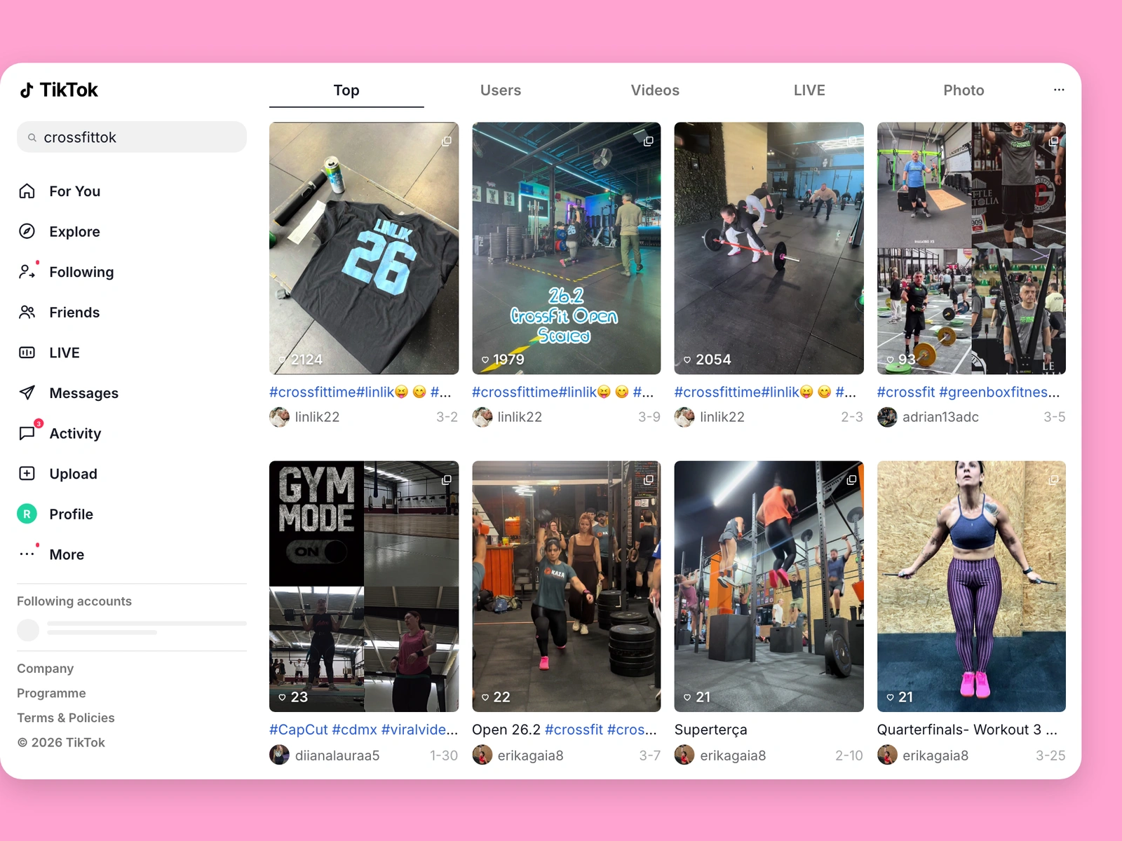TikTok search results for crossfit content
