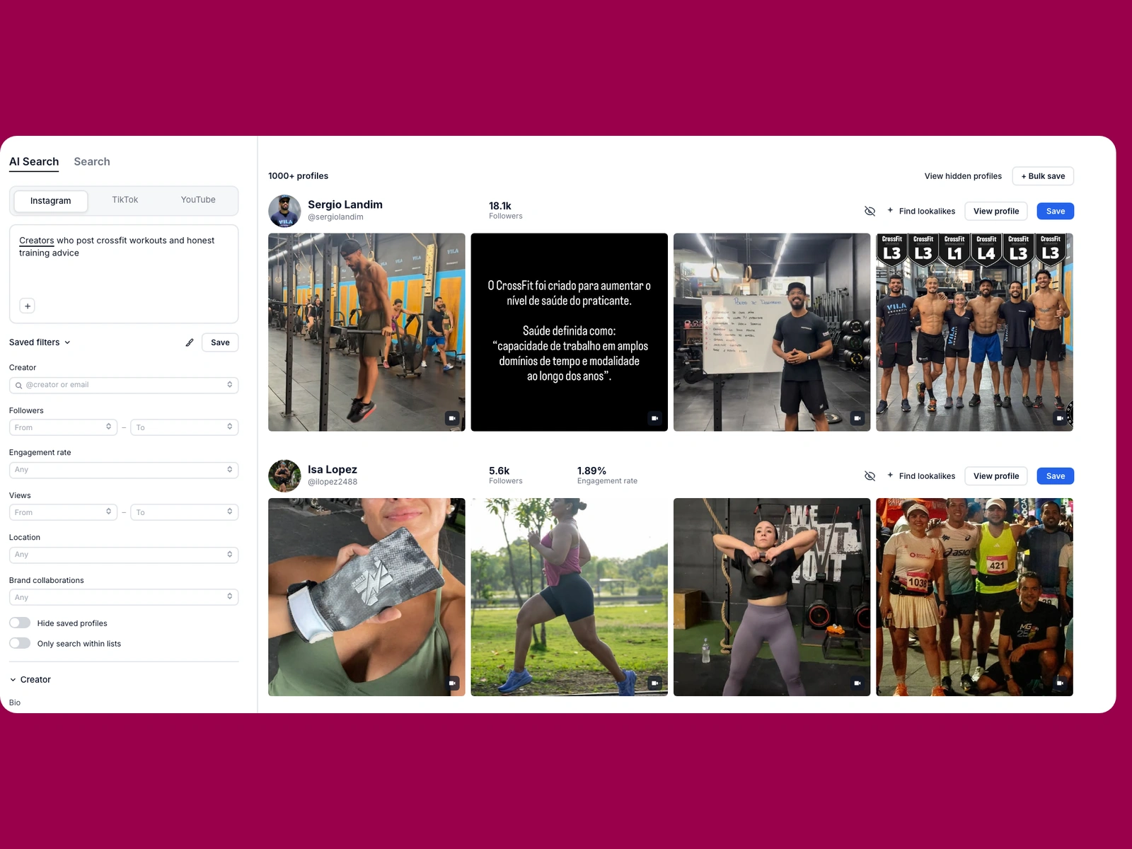 Modash AI search for crossfit creators