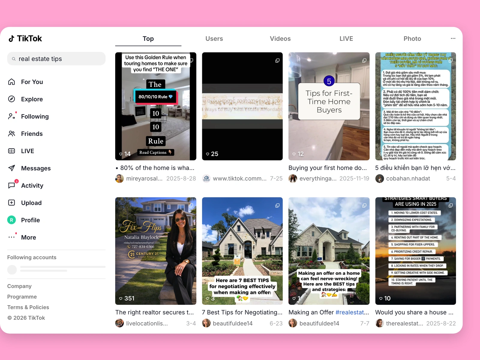 TikTok search results for real estate content