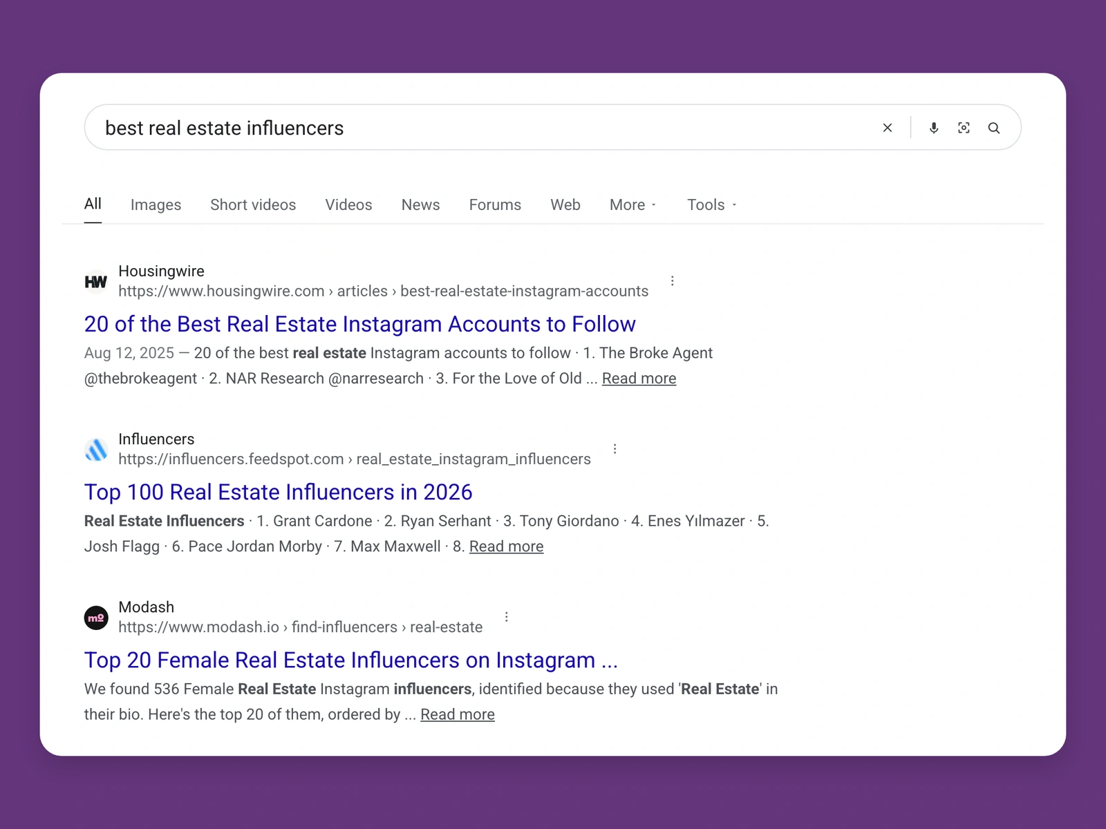 Google results for best real estate bloggers