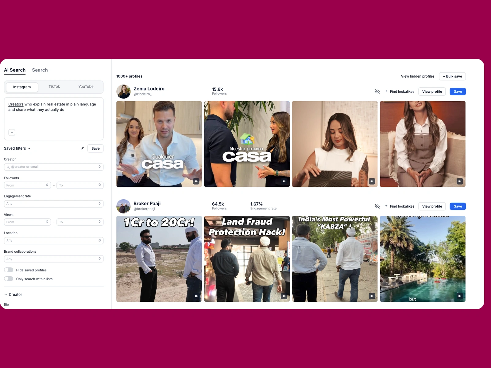 Modash AI search for real estate creators