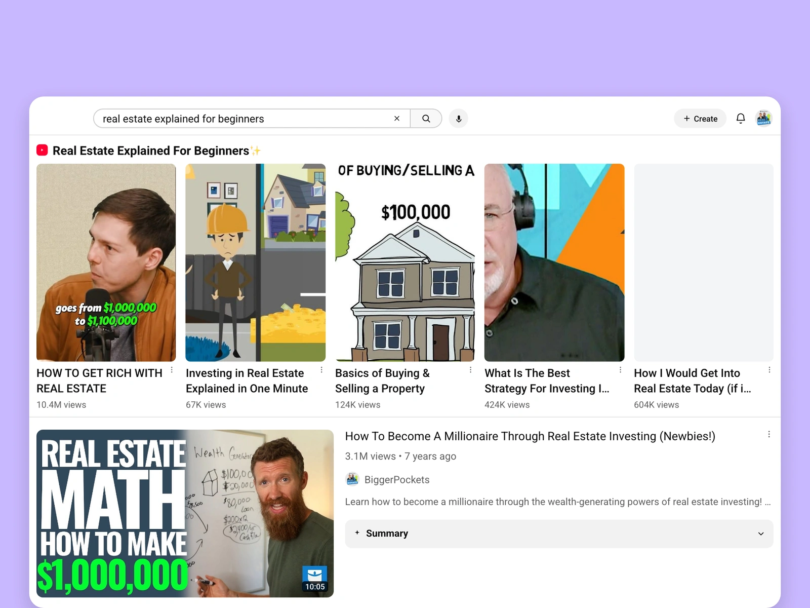 YouTube search results for real estate videos