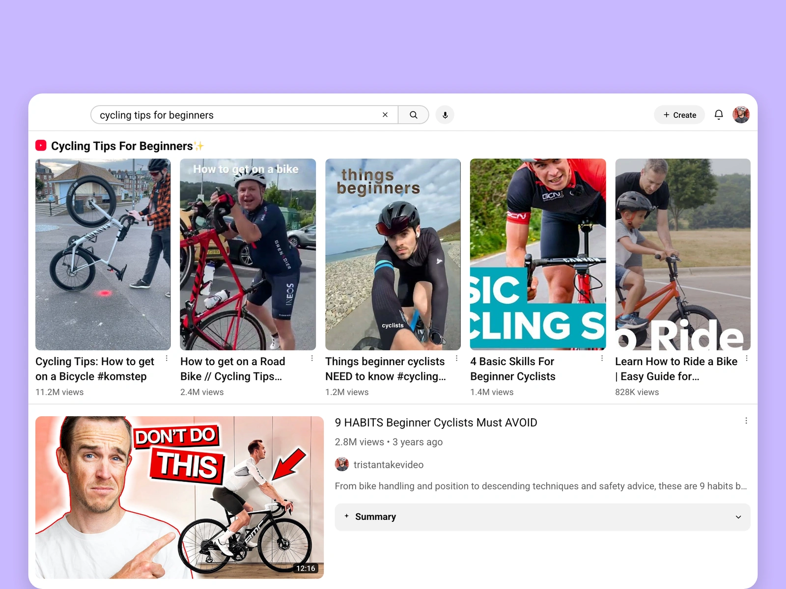 YouTube search results for cycling videos