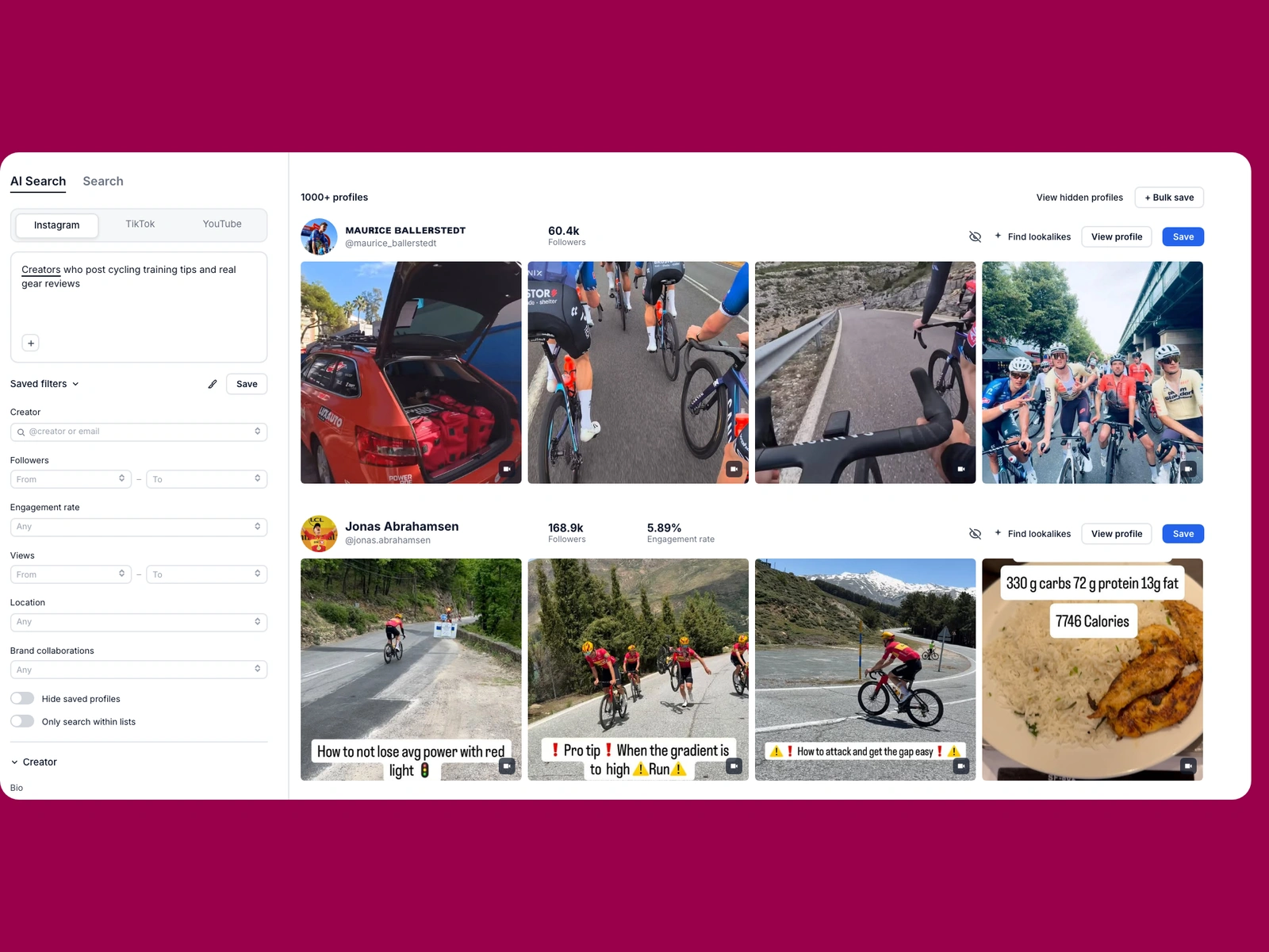 Modash AI search for cycling creators