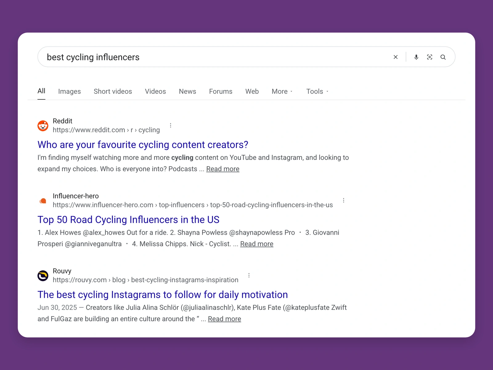 Google results for best cycling bloggers