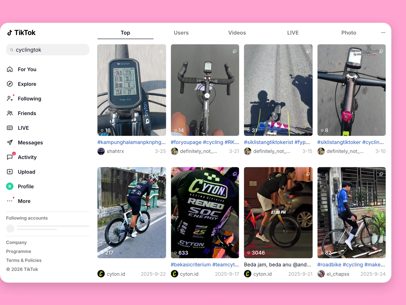 TikTok search results for cycling content