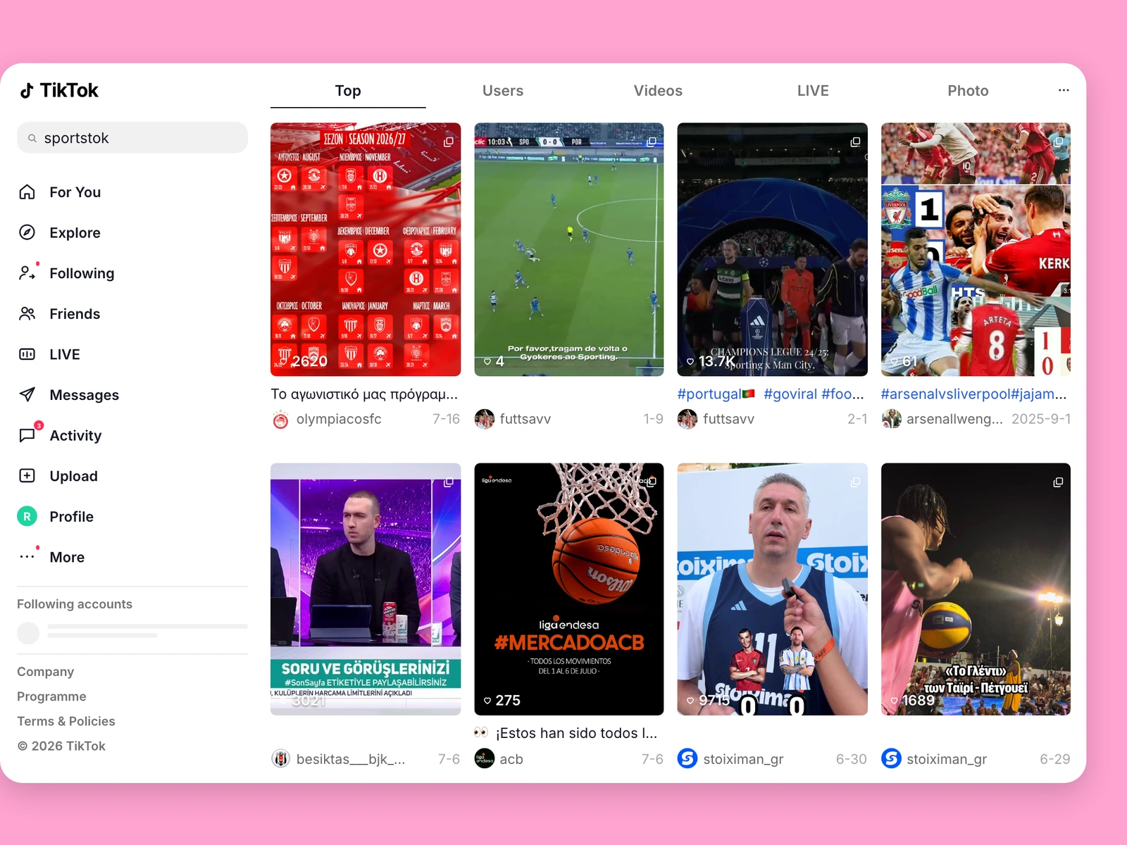 TikTok search results for sports content