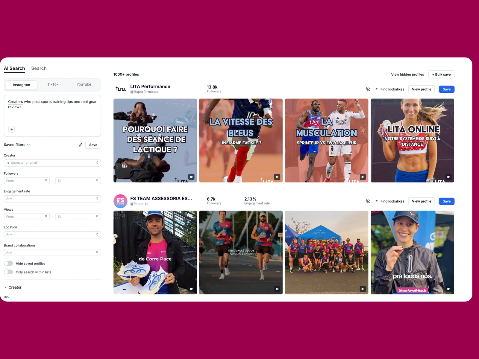 Modash AI search for sports creators