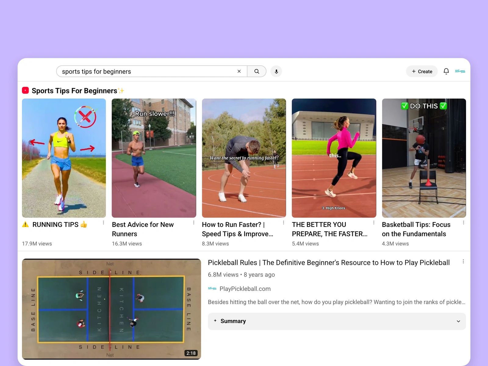 YouTube search results for sports videos