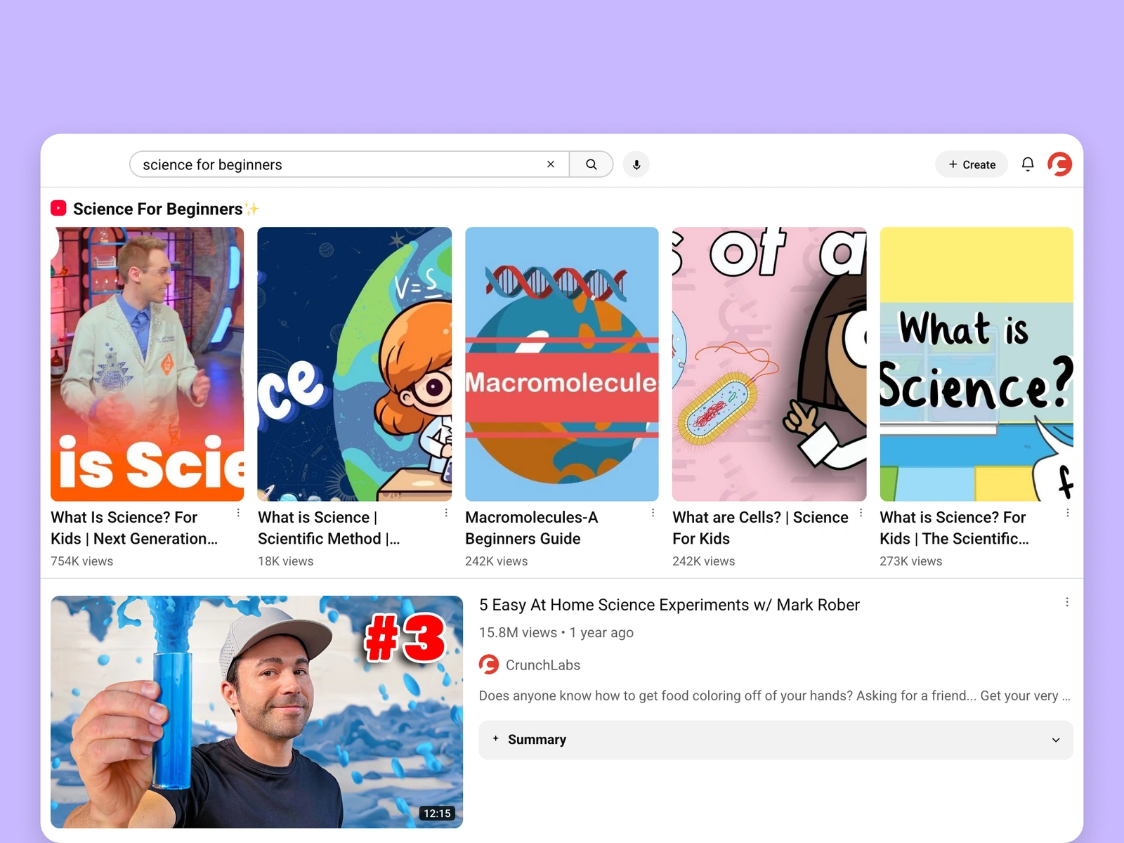 YouTube search results for science videos