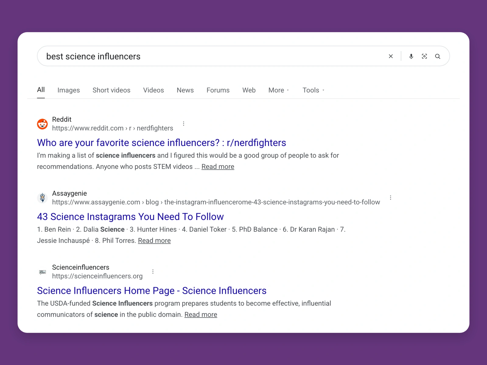 Google results for best science bloggers