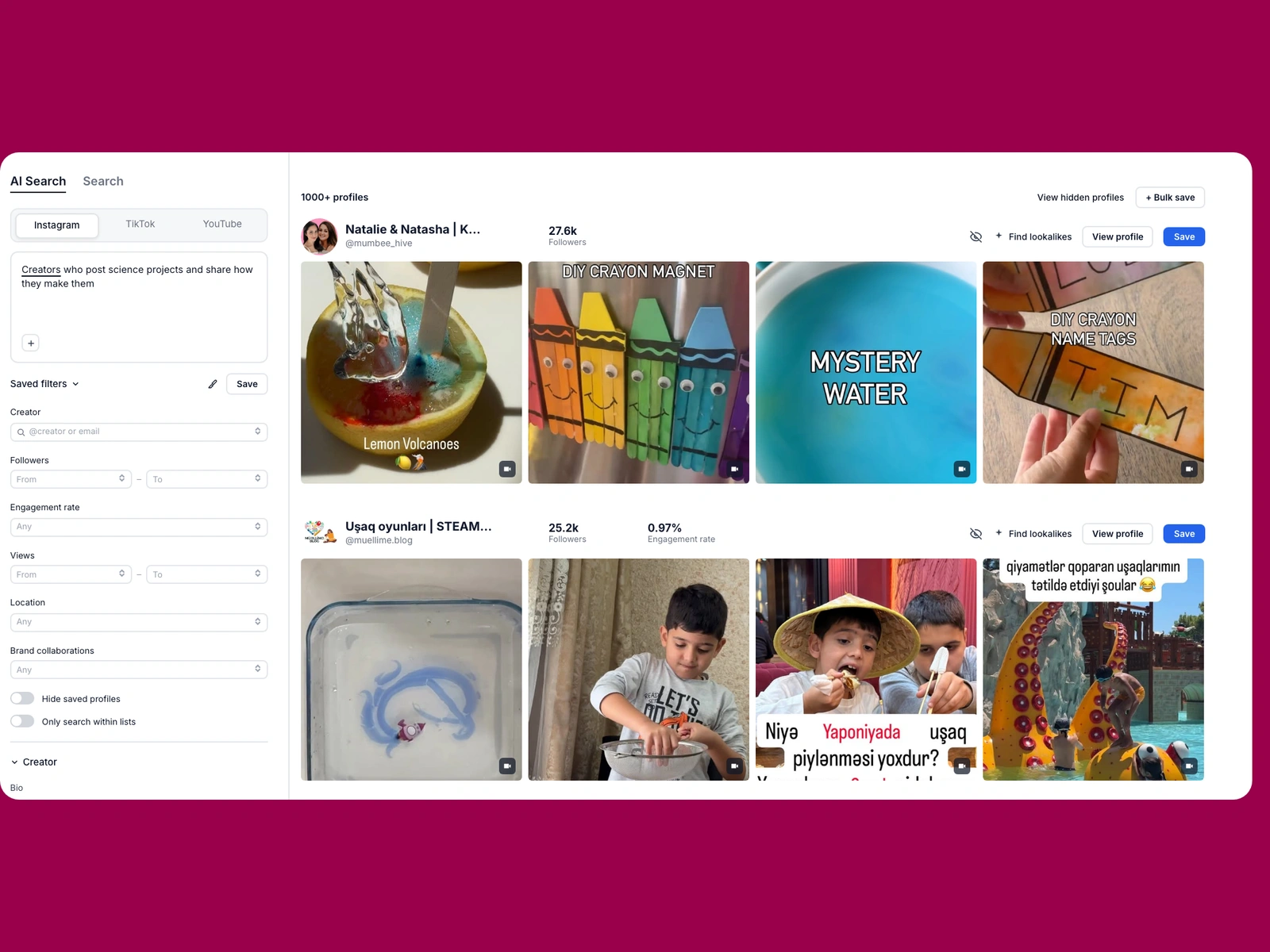 Modash AI search for science creators
