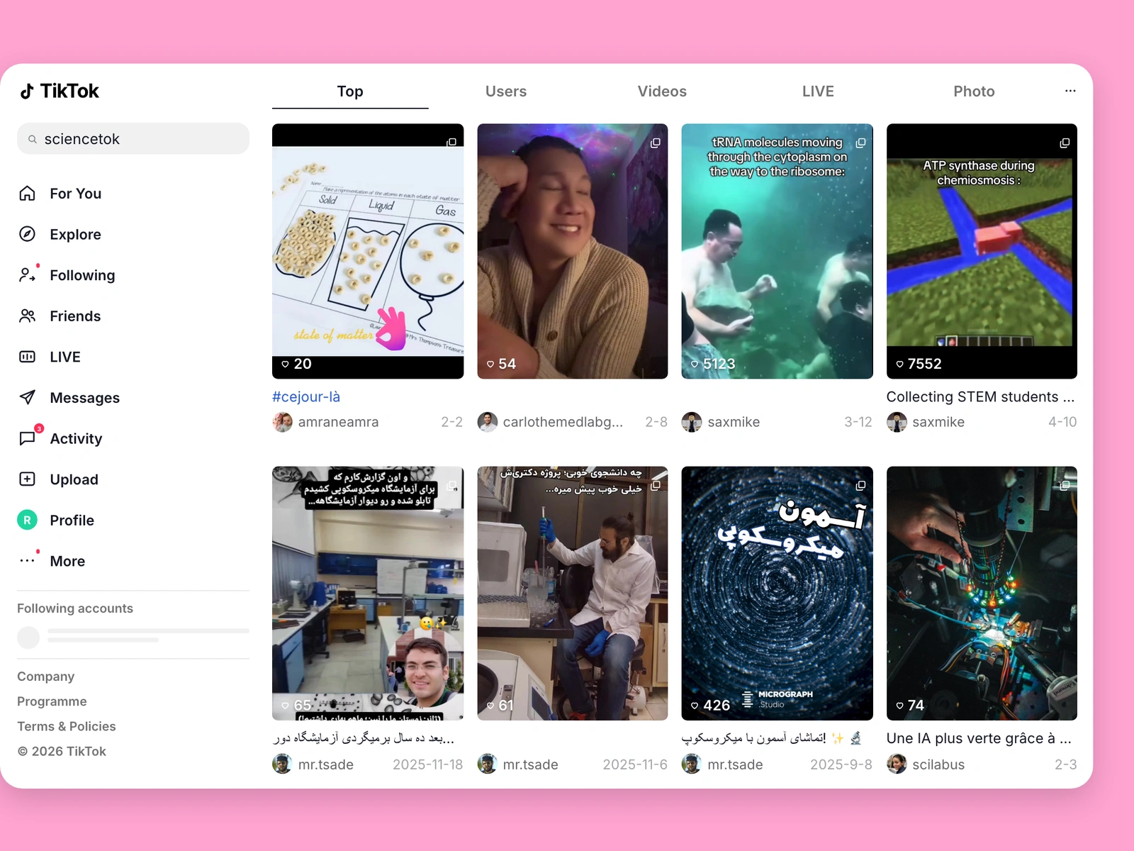 TikTok search results for science content