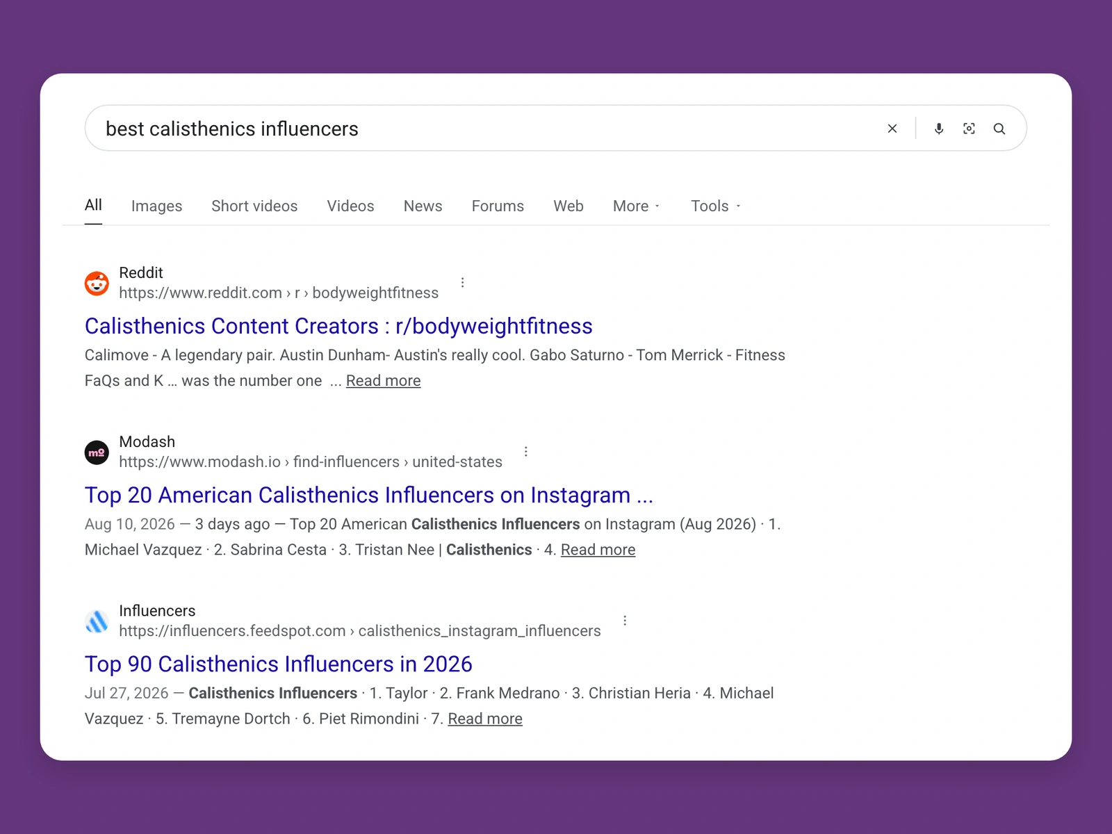 Google results for best calisthenics bloggers