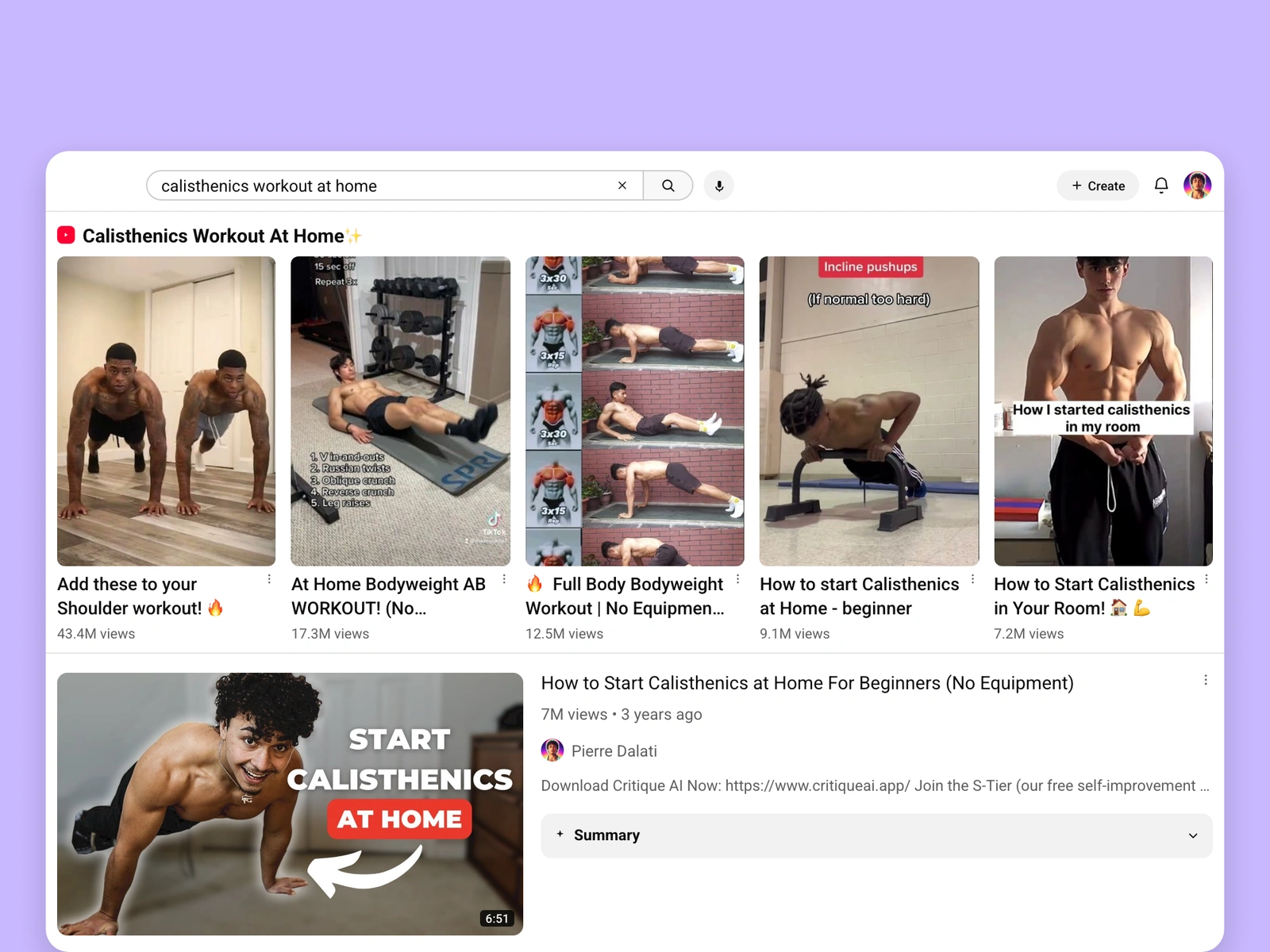 YouTube search results for calisthenics videos