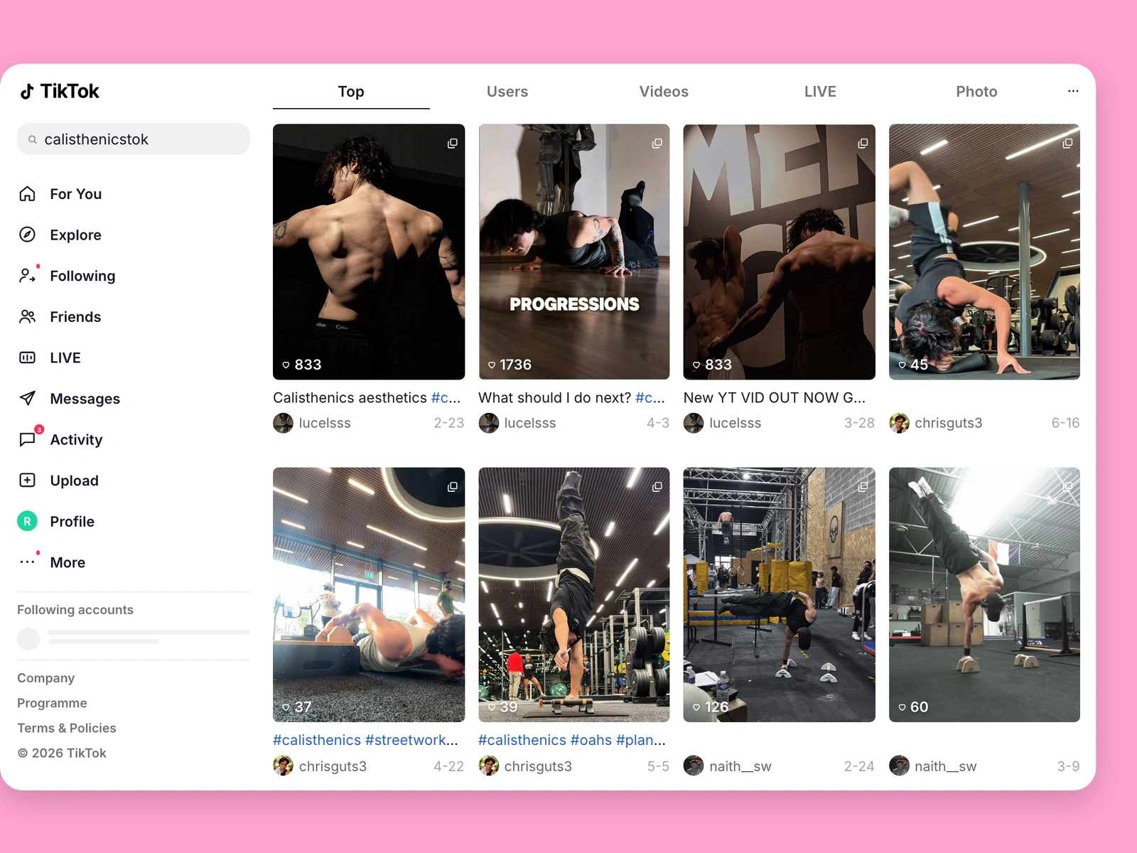TikTok search results for calisthenics content