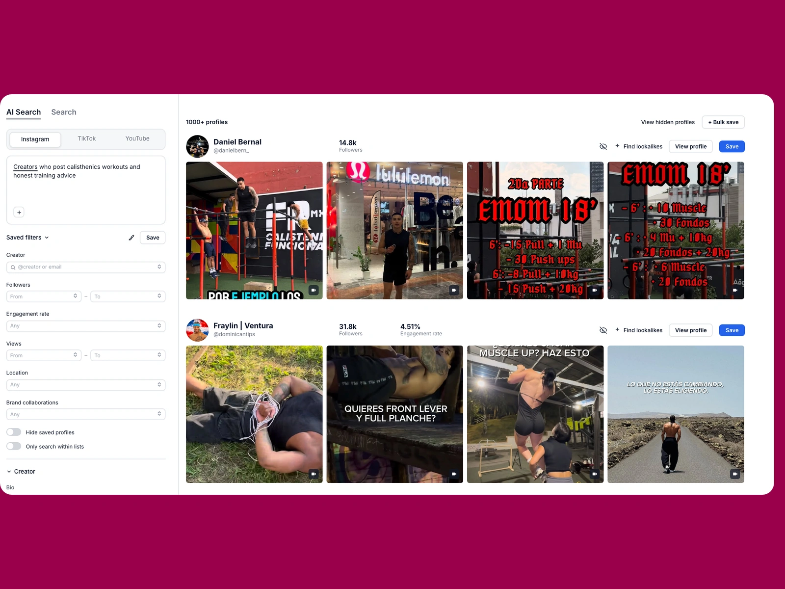 Modash AI search for calisthenics creators