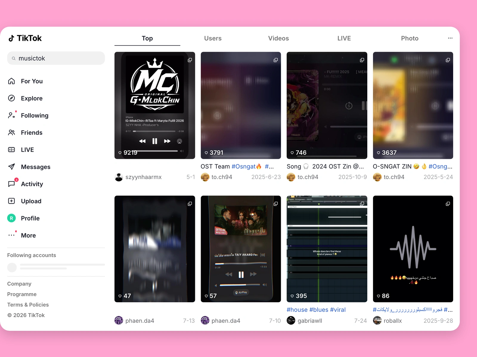 TikTok search results for music content