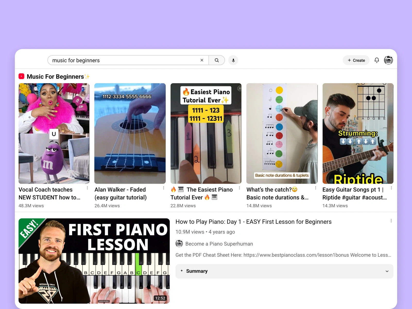 YouTube search results for music videos