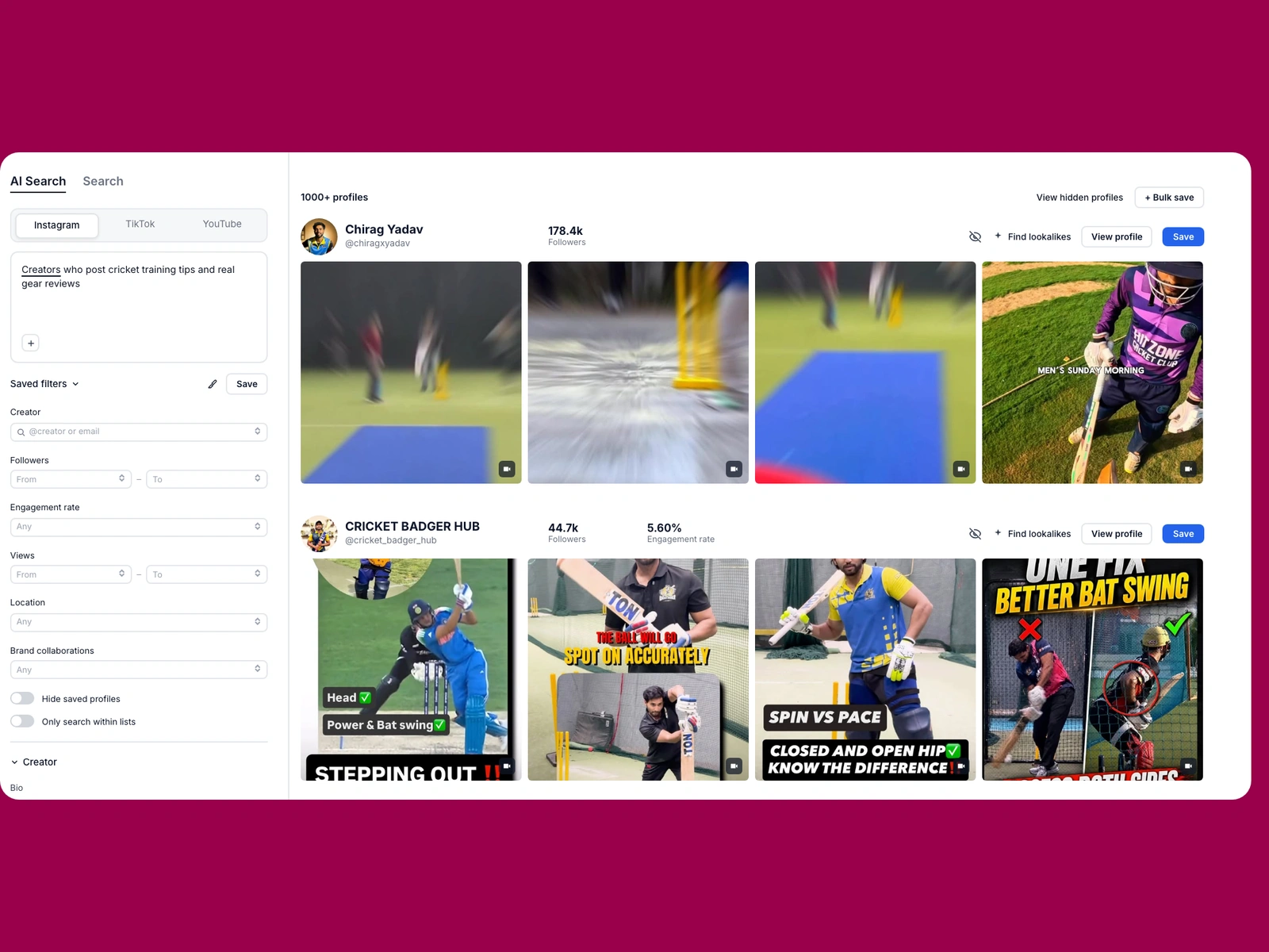 Modash AI search for cricket creators