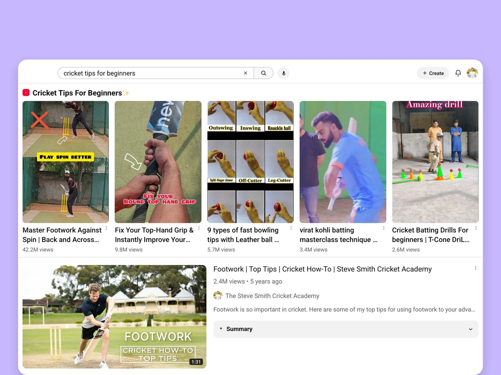 YouTube search results for cricket videos