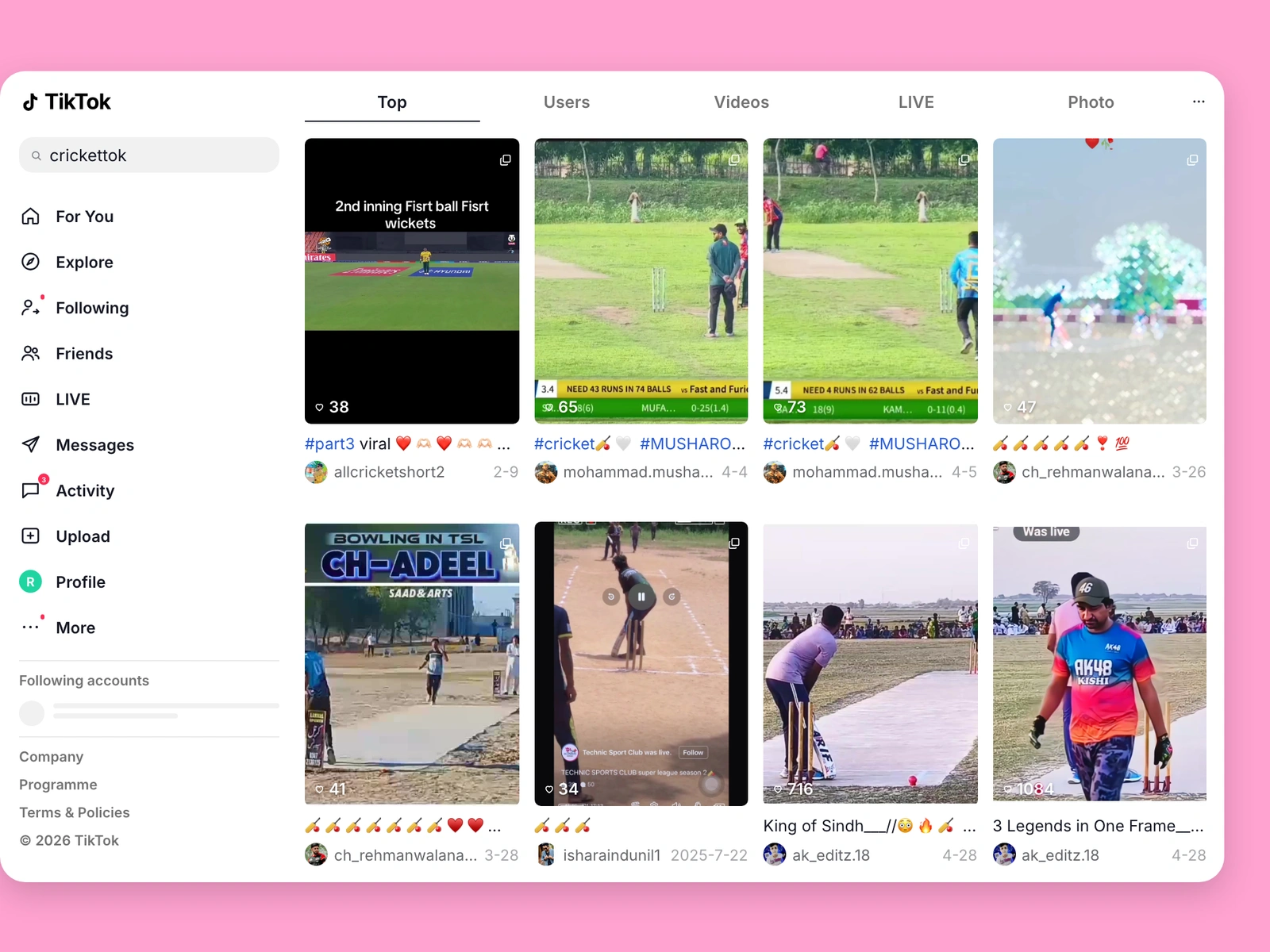 TikTok search results for cricket content