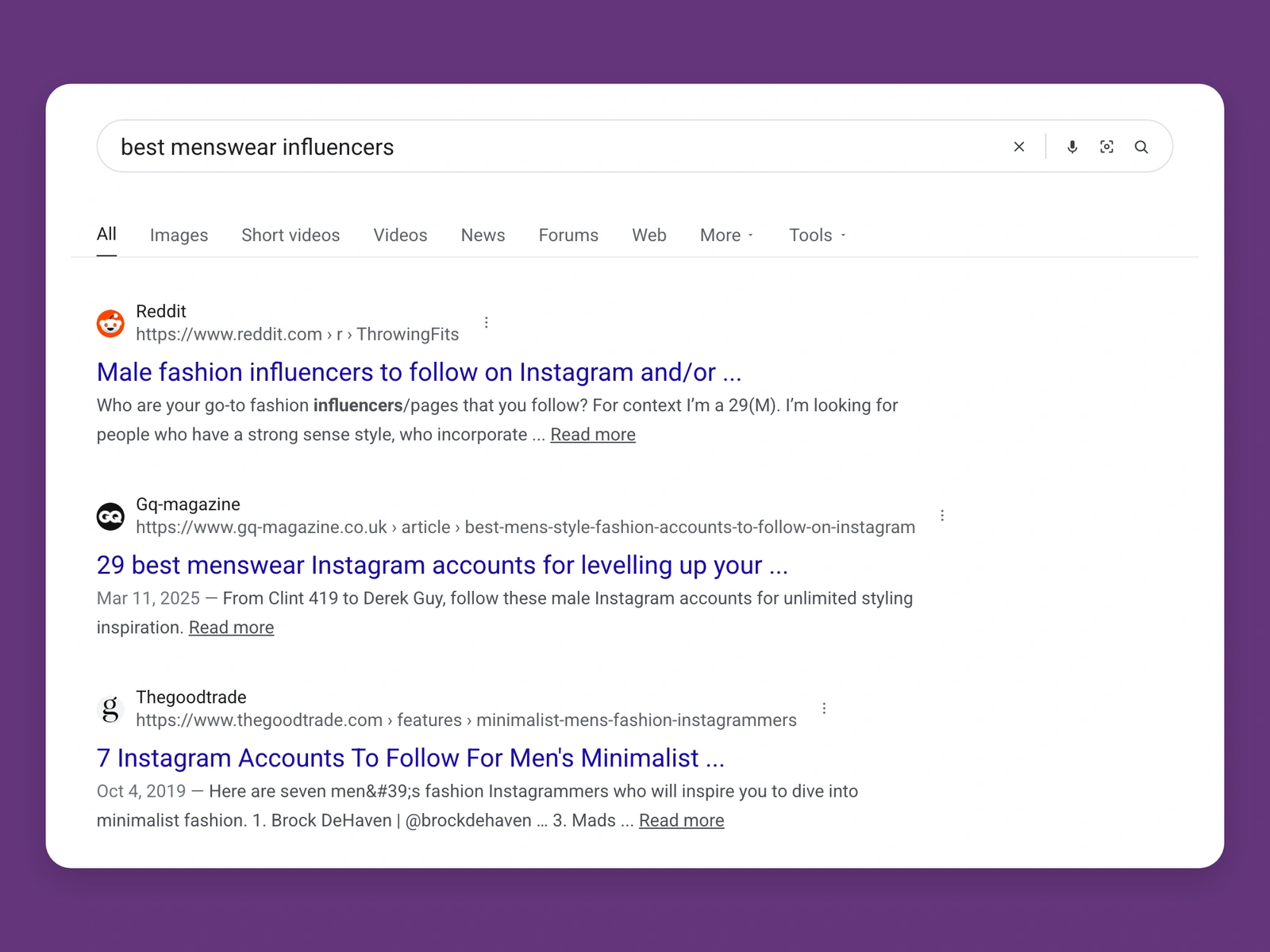 Google results for best menswear bloggers