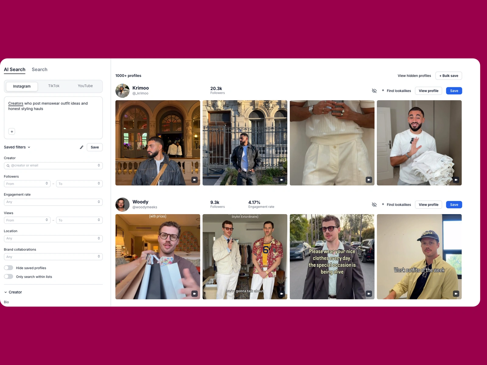 Modash AI search for menswear creators