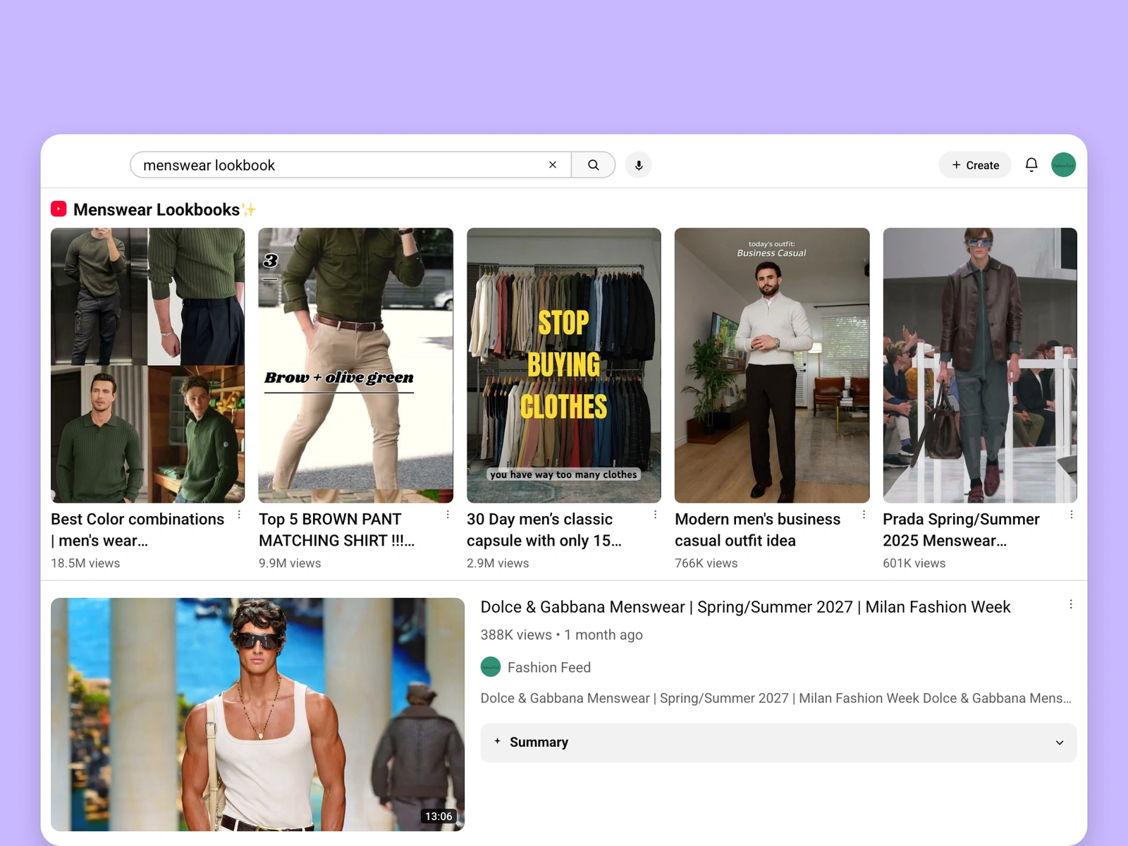 YouTube search results for menswear videos