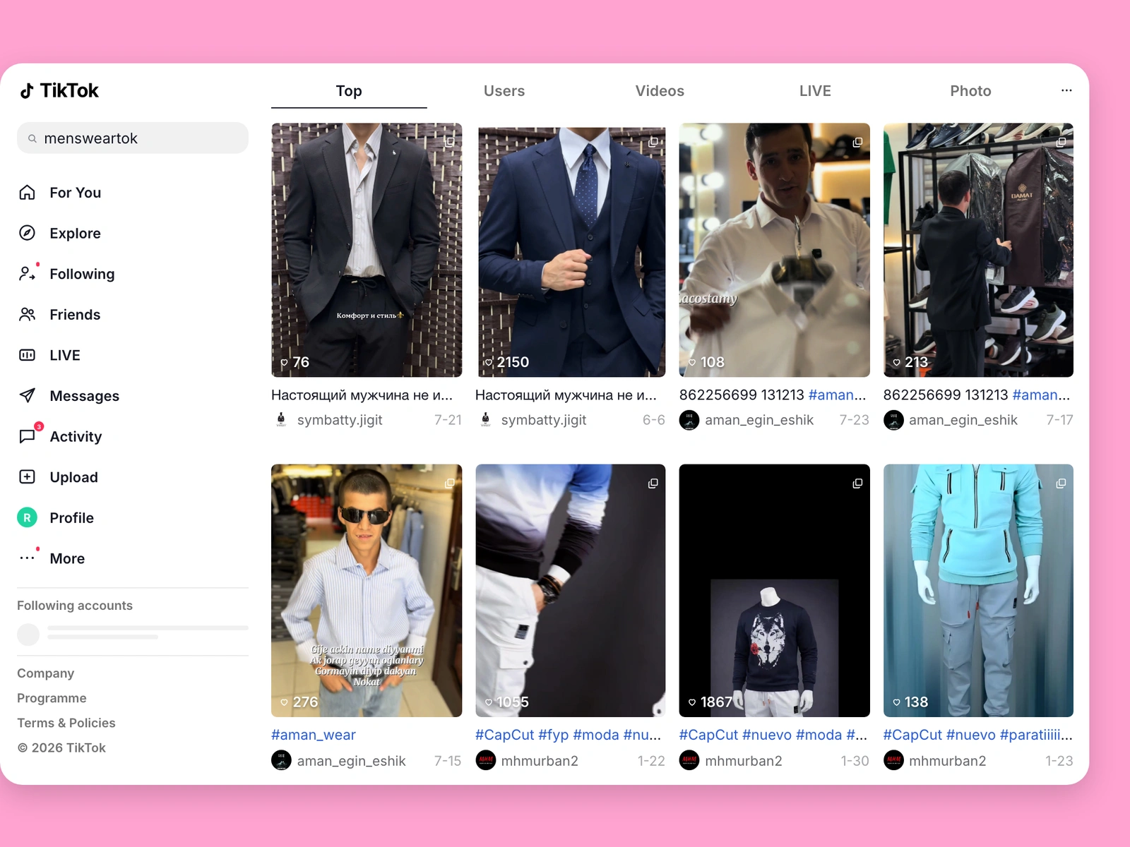 TikTok search results for menswear content