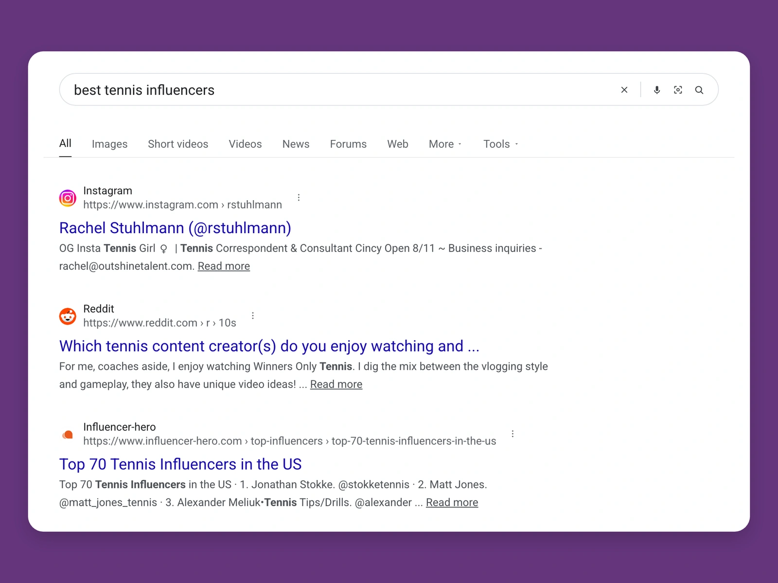 Google results for best tennis bloggers