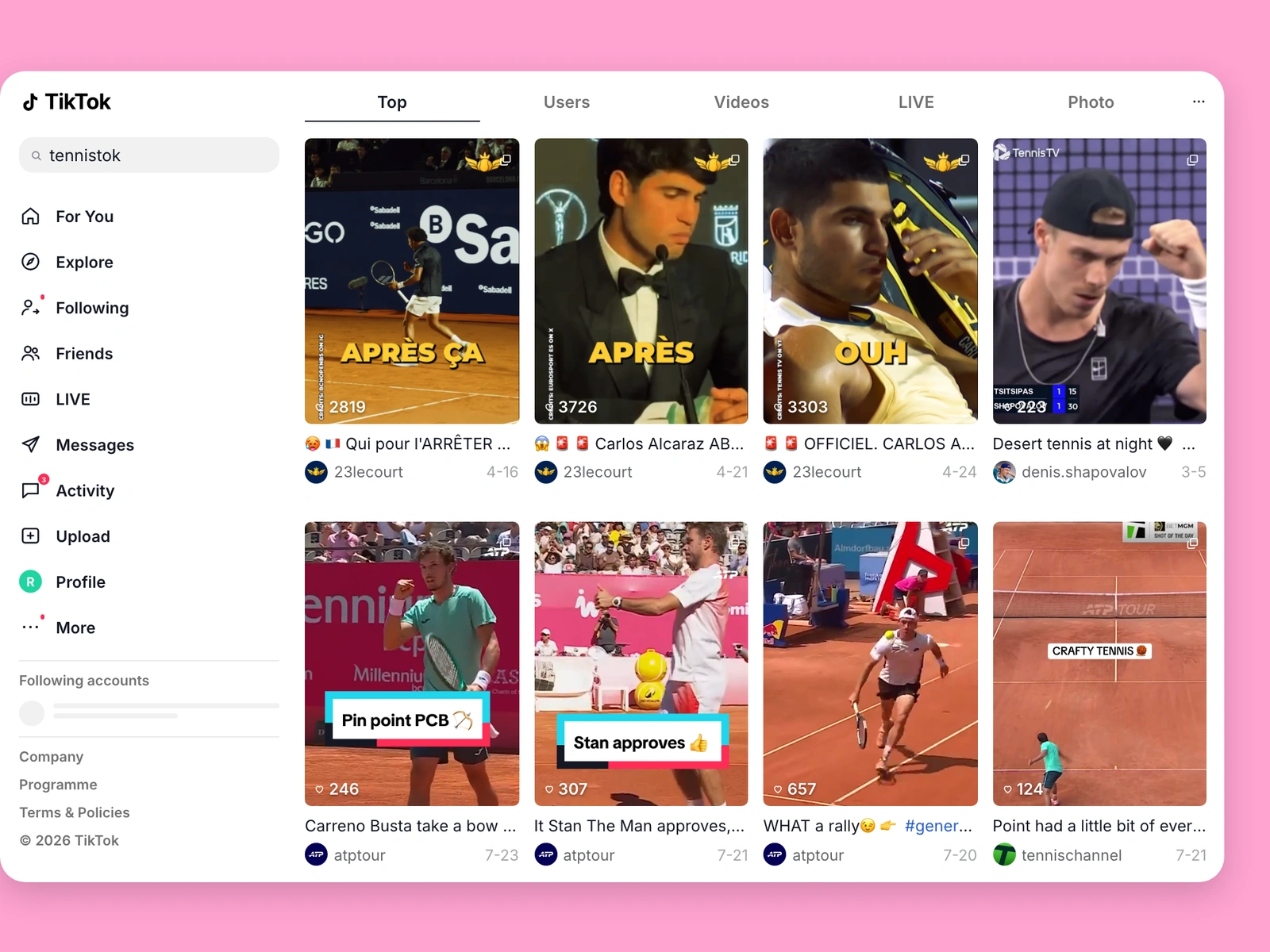 TikTok search results for tennis content