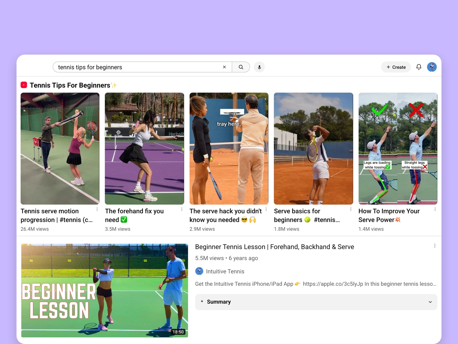 YouTube search results for tennis videos