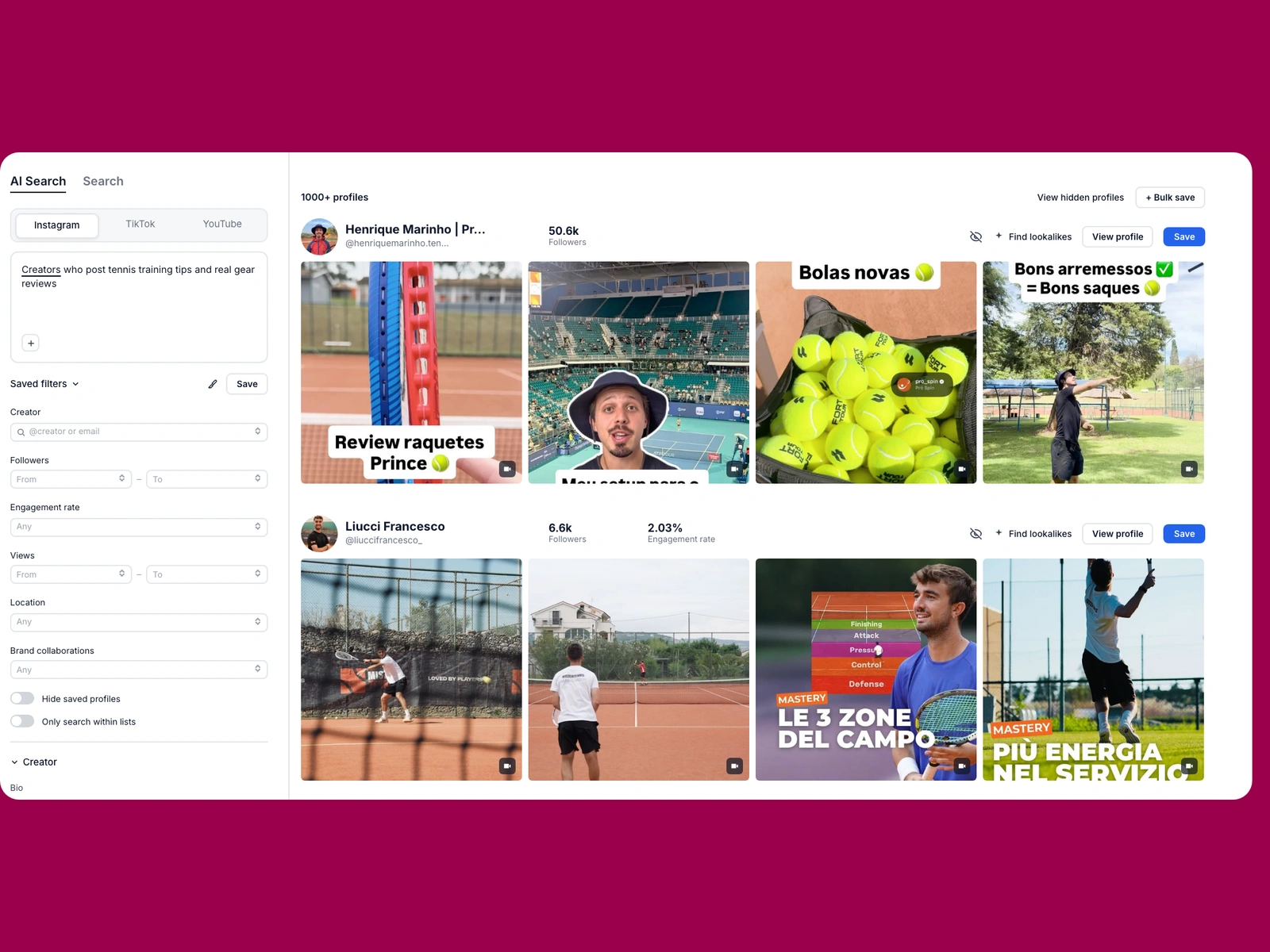 Modash AI search for tennis creators