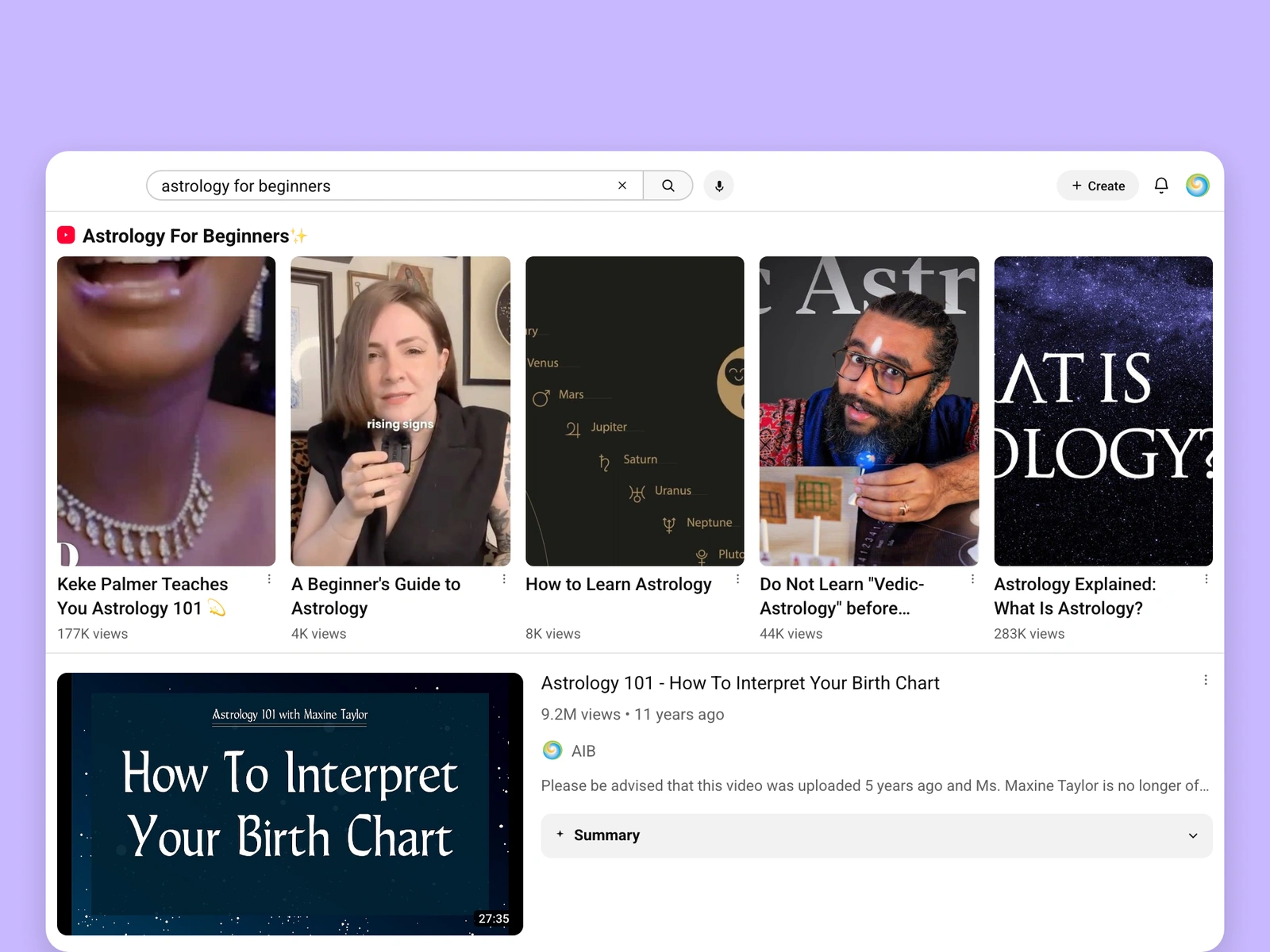 YouTube search results for astrology videos