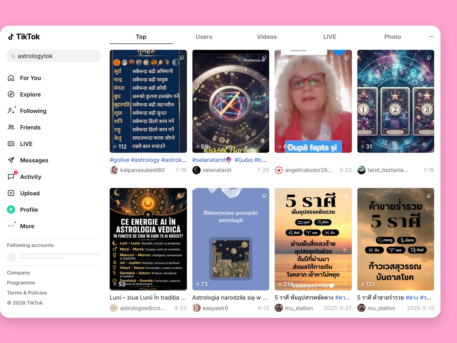 TikTok search results for astrology content