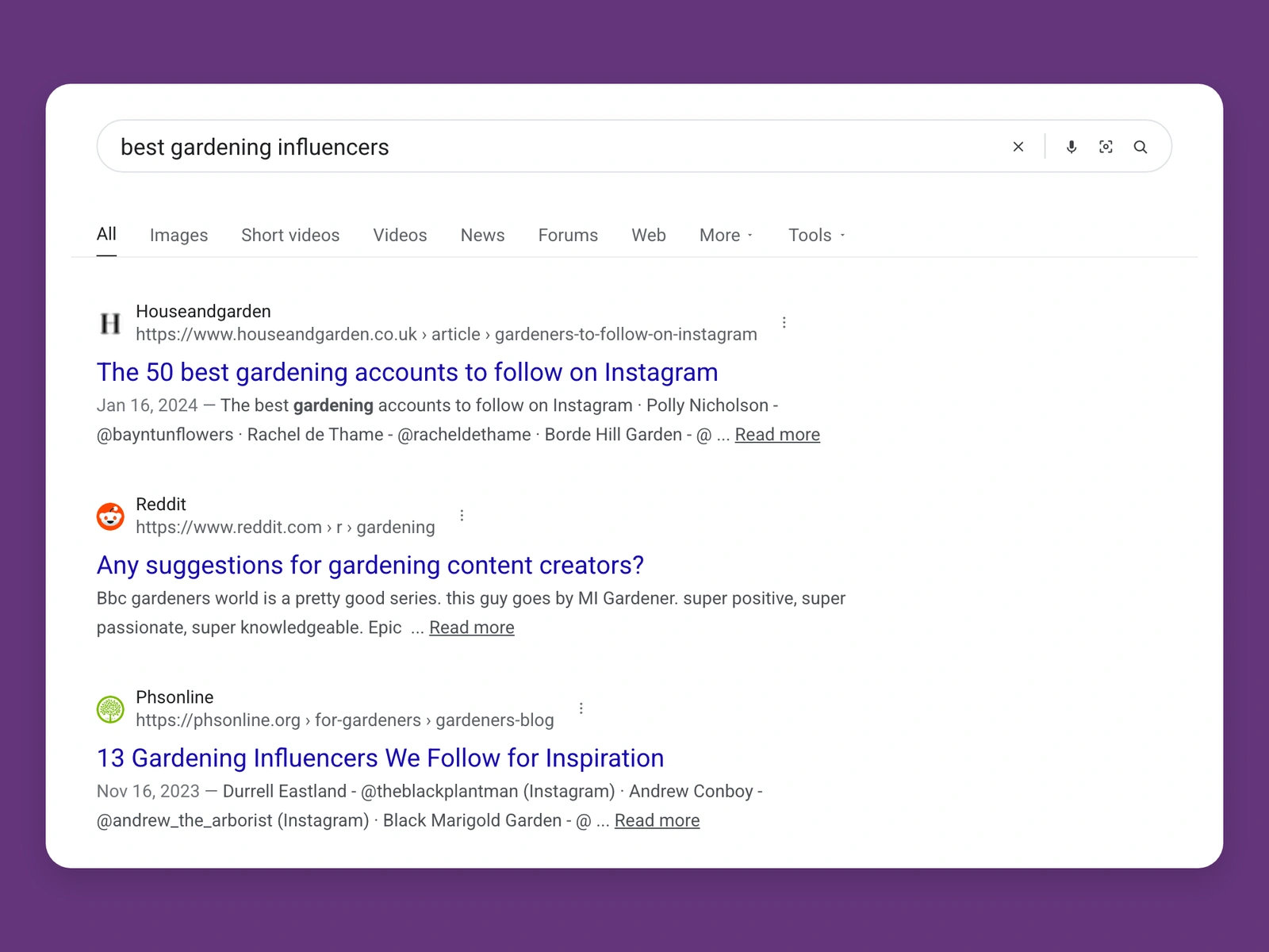 Google results for best gardening bloggers