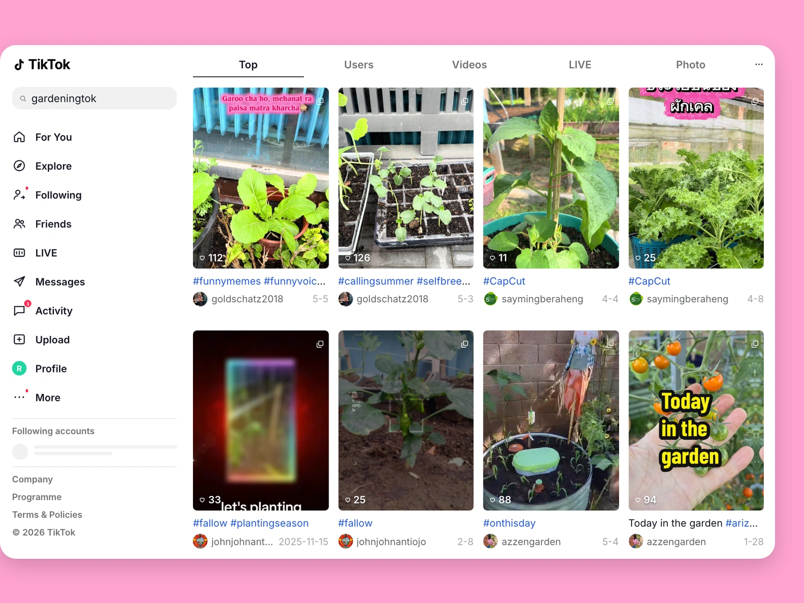 TikTok search results for gardening content