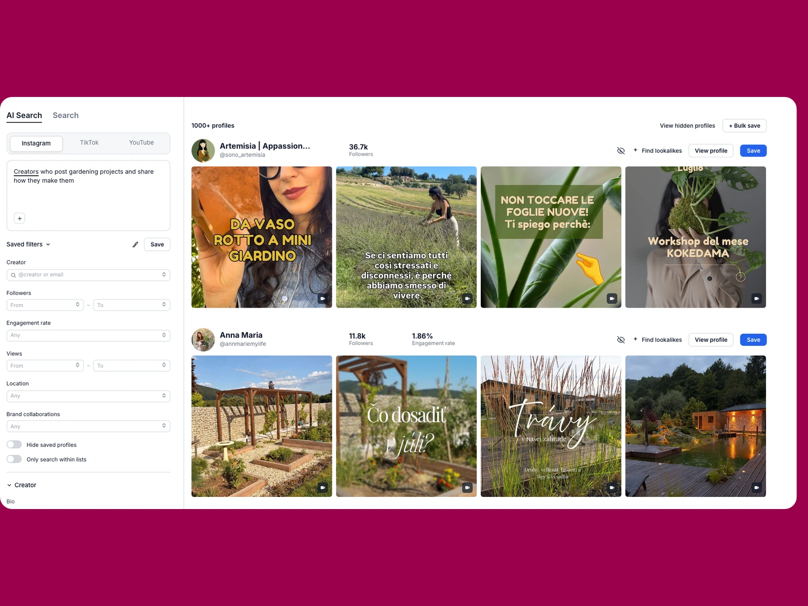Modash AI search for gardening creators
