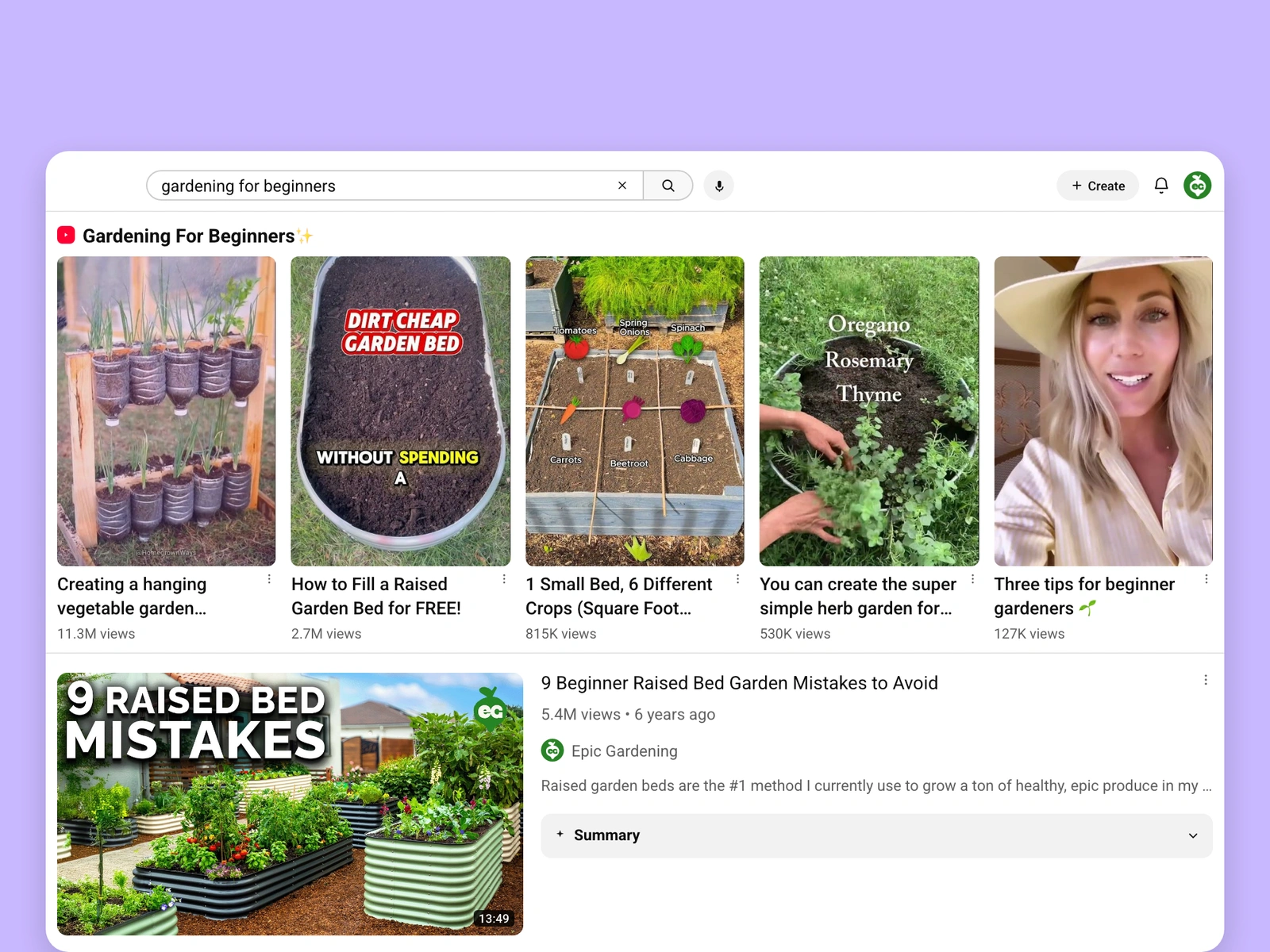YouTube search results for gardening videos